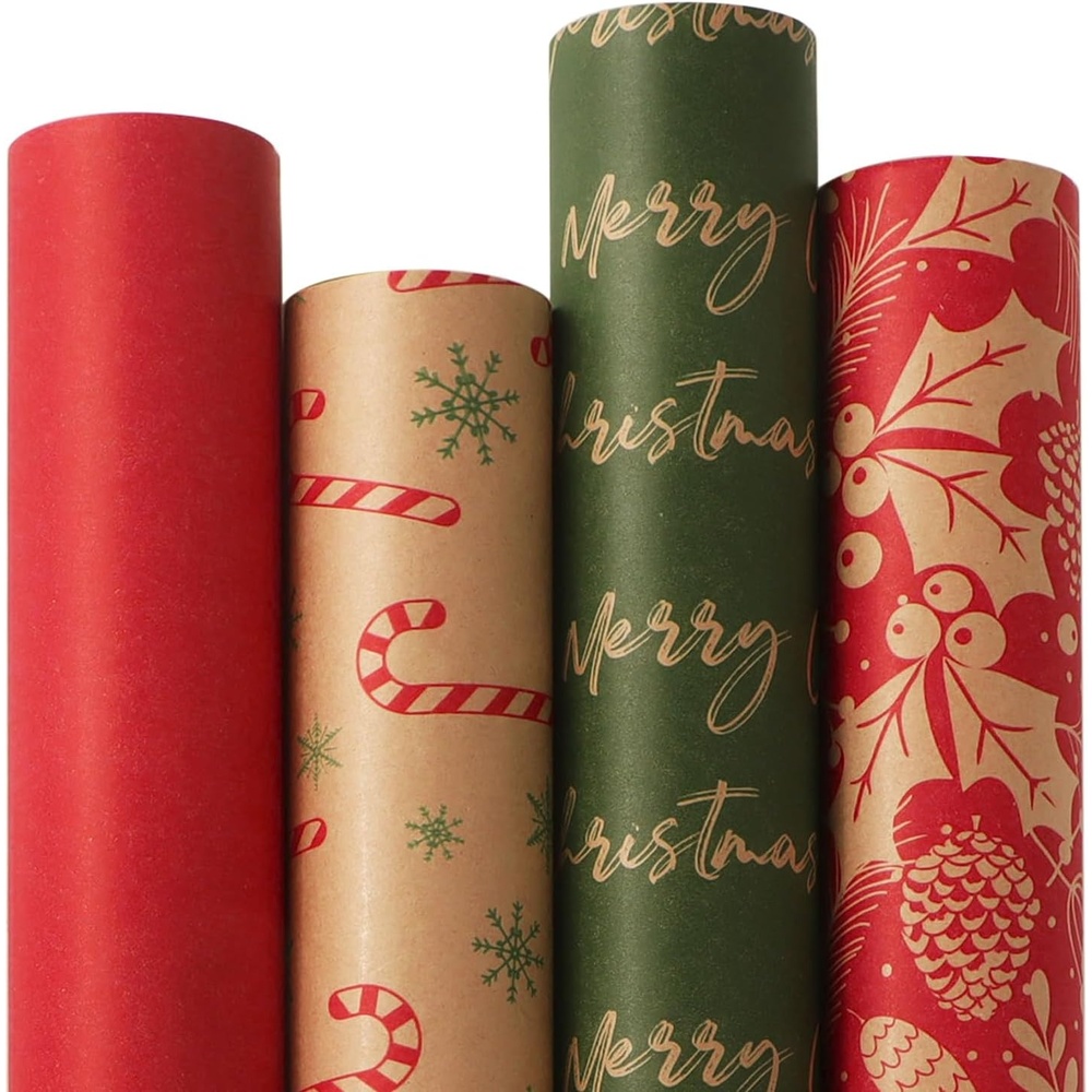 Ribbli Christmas Wrapping Paper, 4 Rolls Vintage Kraft Wrapping paper, 17 Inch x 10 Feet Per Roll, Snowflakes Christmas Tree Gift Box Printed Assortment(Brown/Red/Green)