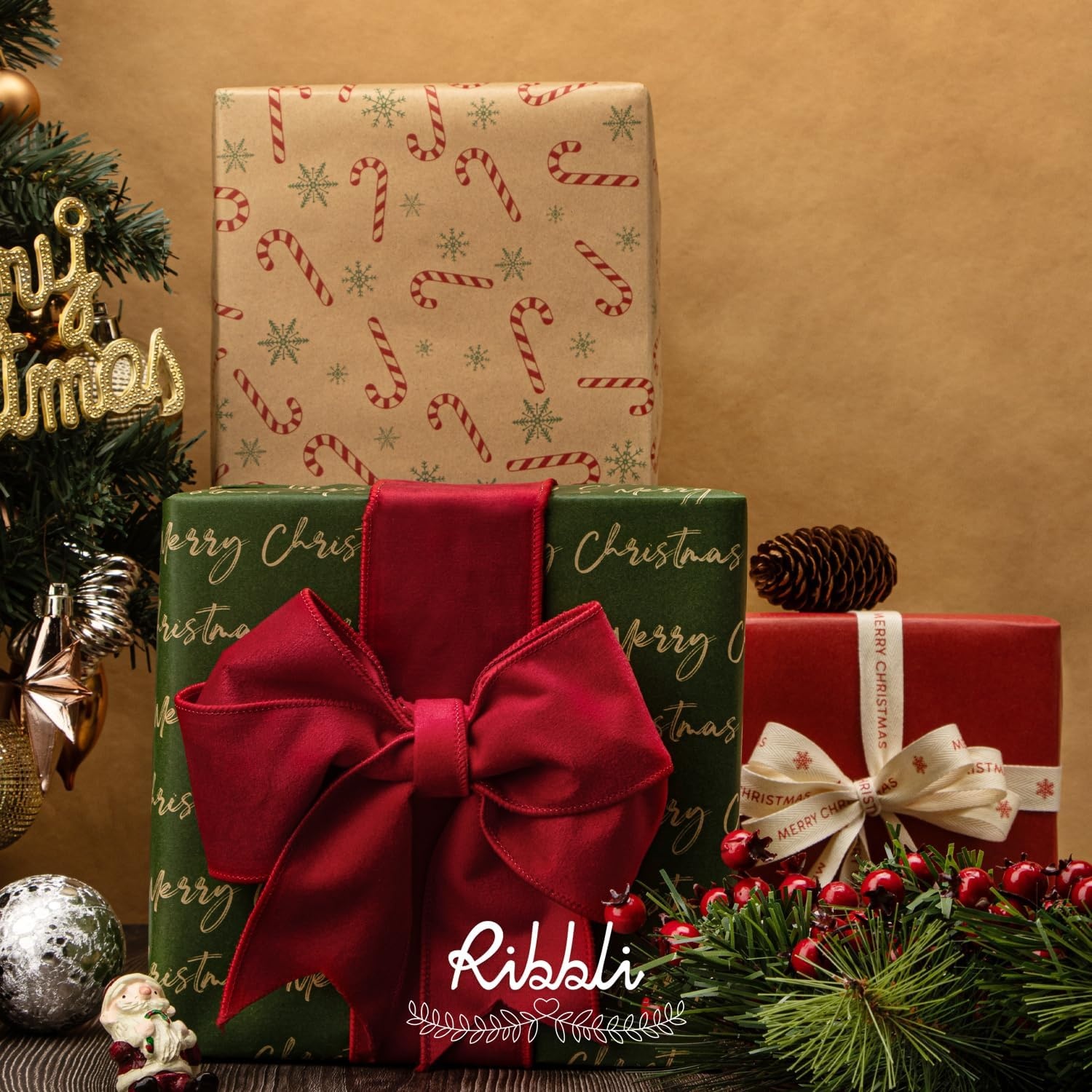 Ribbli Christmas Wrapping Paper, 4 Rolls Vintage Kraft Wrapping paper, 17 Inch x 10 Feet Per Roll, Snowflakes Christmas Tree Gift Box Printed Assortment(Brown/Red/Green)