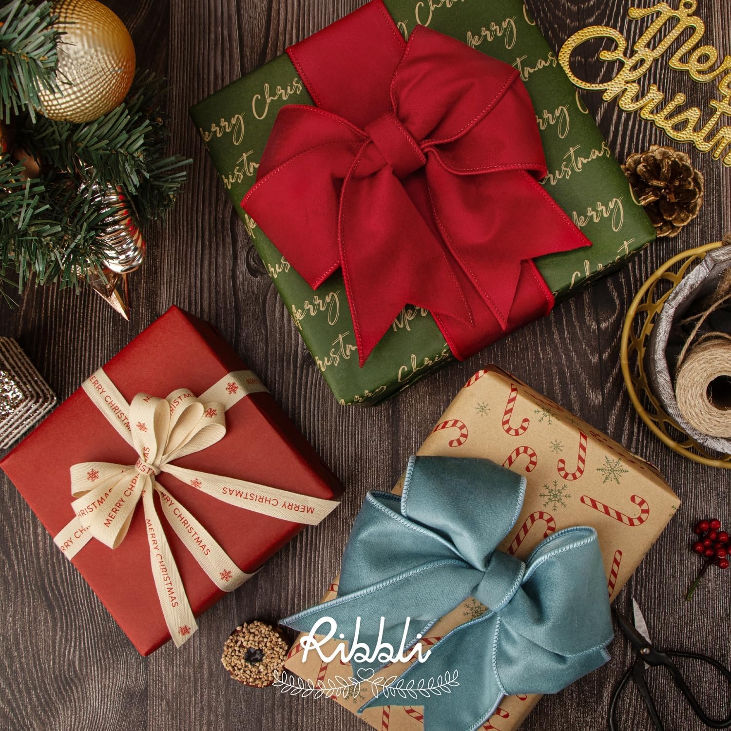 Ribbli Christmas Wrapping Paper, 4 Rolls Vintage Kraft Wrapping paper, 17 Inch x 10 Feet Per Roll, Snowflakes Christmas Tree Gift Box Printed Assortment(Brown/Red/Green)