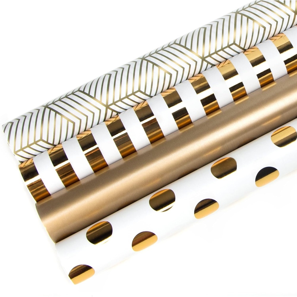 Ribbli White and Gold Wrapping Paper 30 inch for Birthday, Chirstmas, Holiday, Wedding, Graduations, Baby Shower, Polka dots/Stripes/Geometric/Matte Gold,4 Rolls -120 inch(10feet) Per Roll