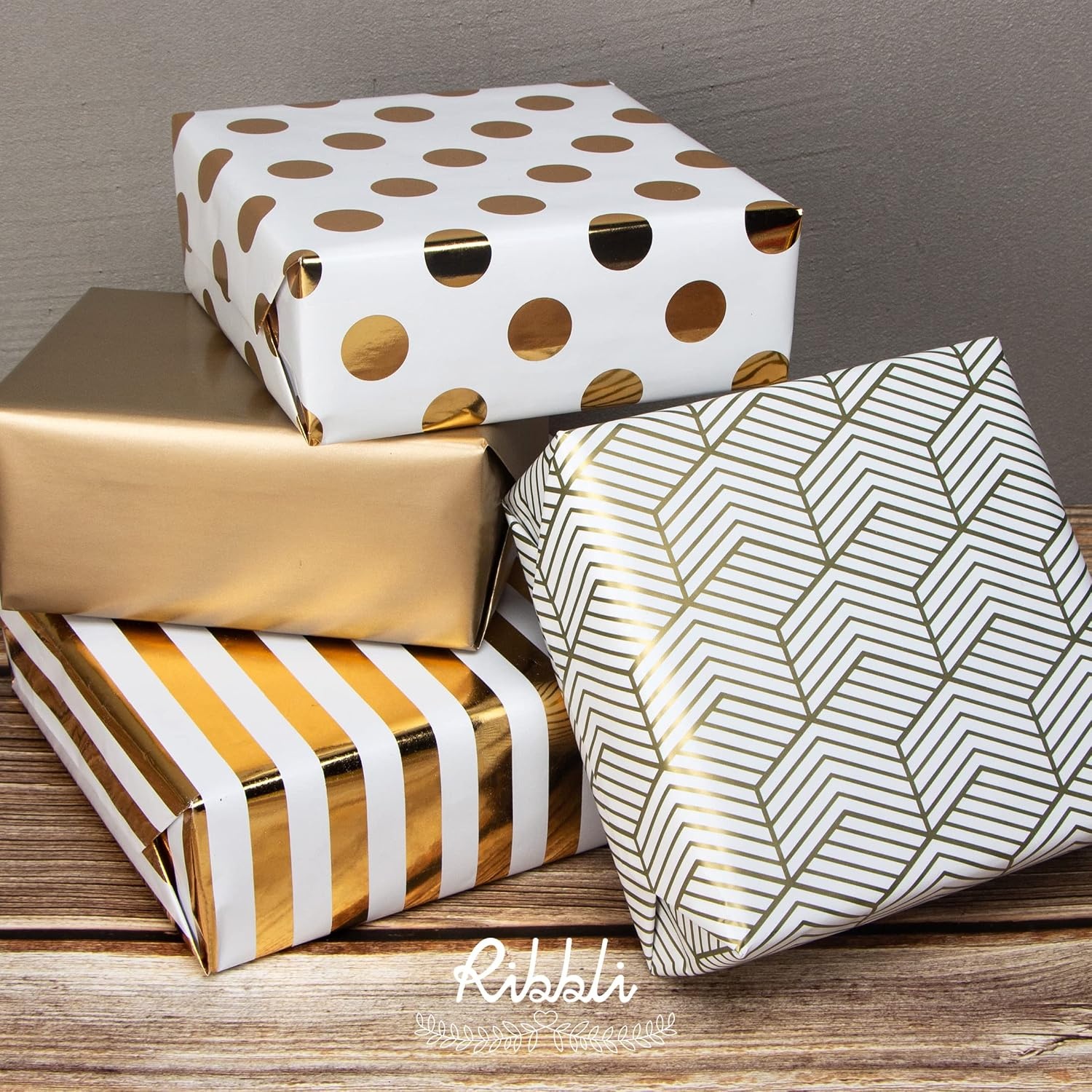 Ribbli White and Gold Wrapping Paper 30 inch for Birthday, Chirstmas, Holiday, Wedding, Graduations, Baby Shower, Polka dots/Stripes/Geometric/Matte Gold,4 Rolls -120 inch(10feet) Per Roll