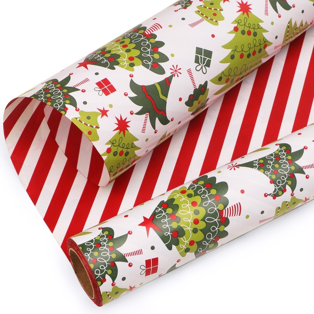 Ribbli Christmas Wrapping Paper Rolls,Mini Roll-17 Inch x 33 Feet-Christmas Woods(Green/Red/White)