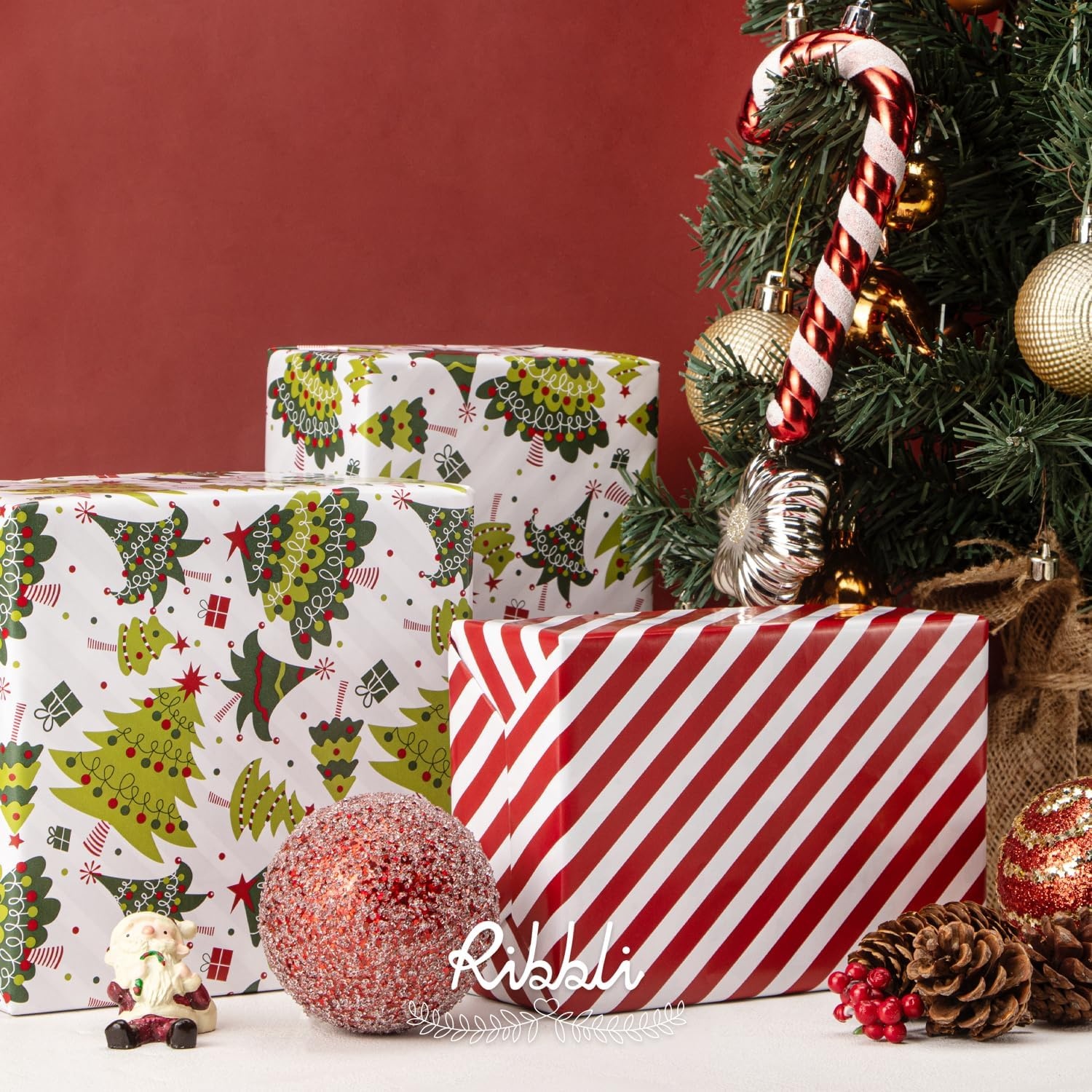 Ribbli Christmas Wrapping Paper Rolls,Mini Roll-17 Inch x 33 Feet-Christmas Woods(Green/Red/White)