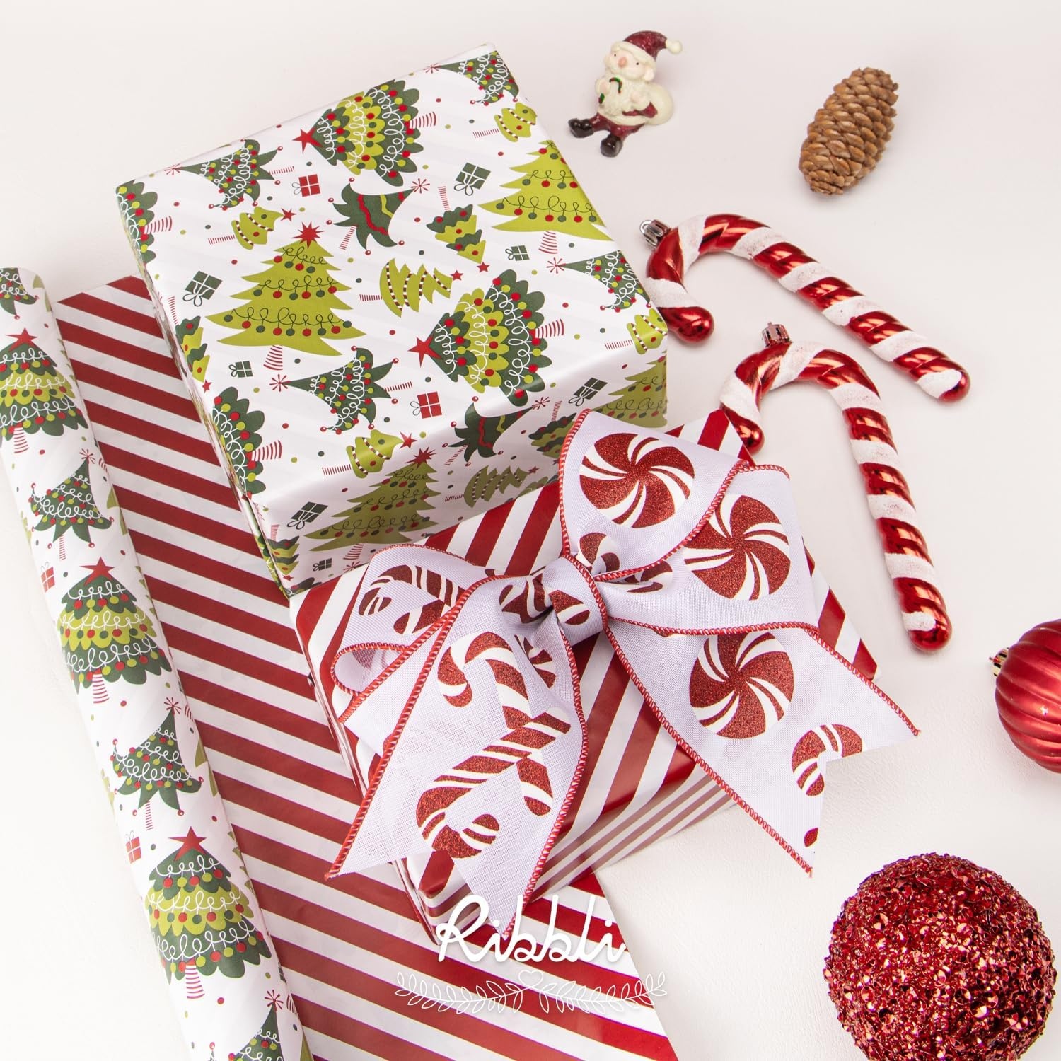 Ribbli Christmas Wrapping Paper Rolls,Mini Roll-17 Inch x 33 Feet-Christmas Woods(Green/Red/White)