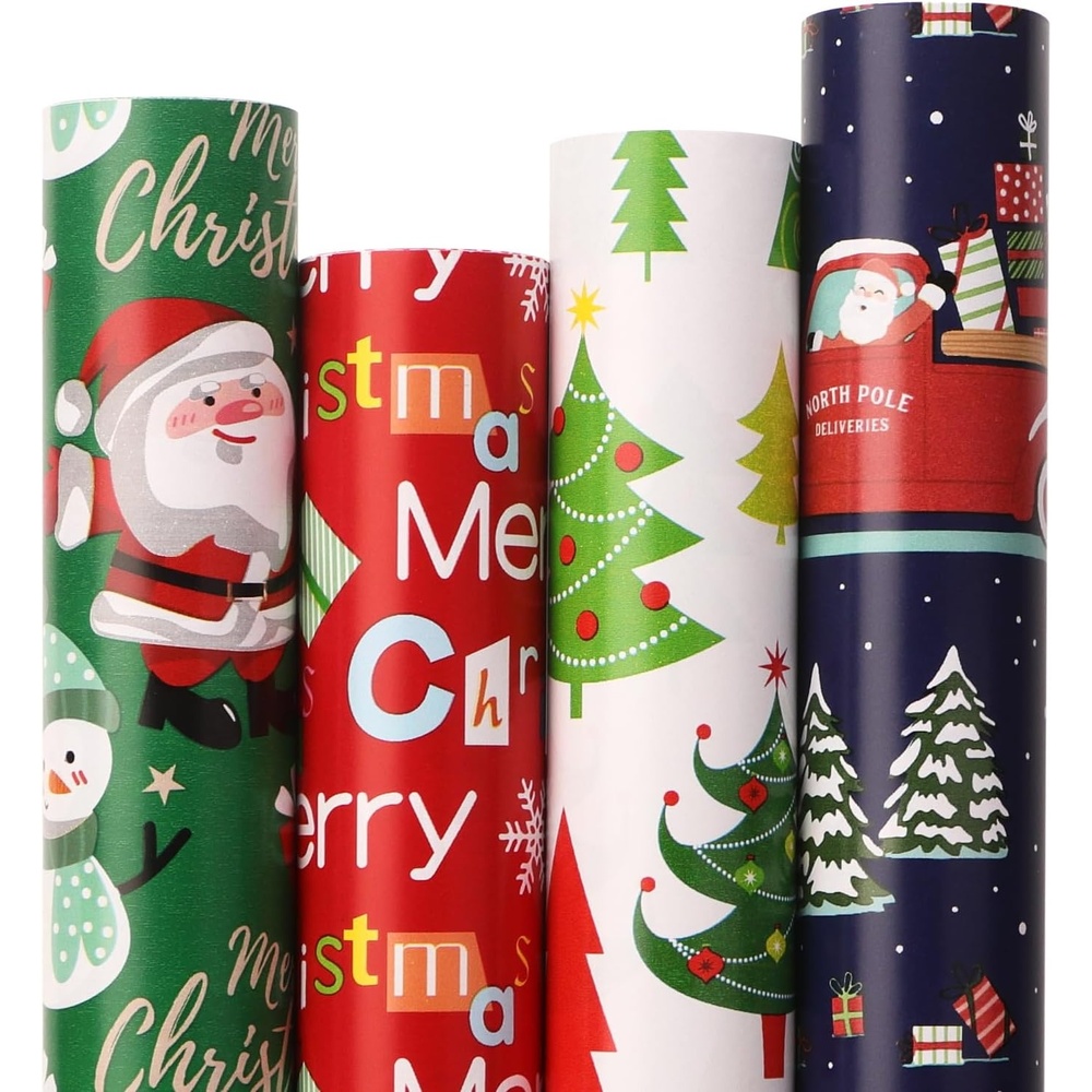 Ribbli Christmas Wrapping Paper 17 Inch Gift Wrapping Paper for Kids 4 Rolls Merry Christmas Santa Claus Snowman Tree Printed Assortment -17 Inch x 10 Feet Per roll(Green/Red/White/Navy)