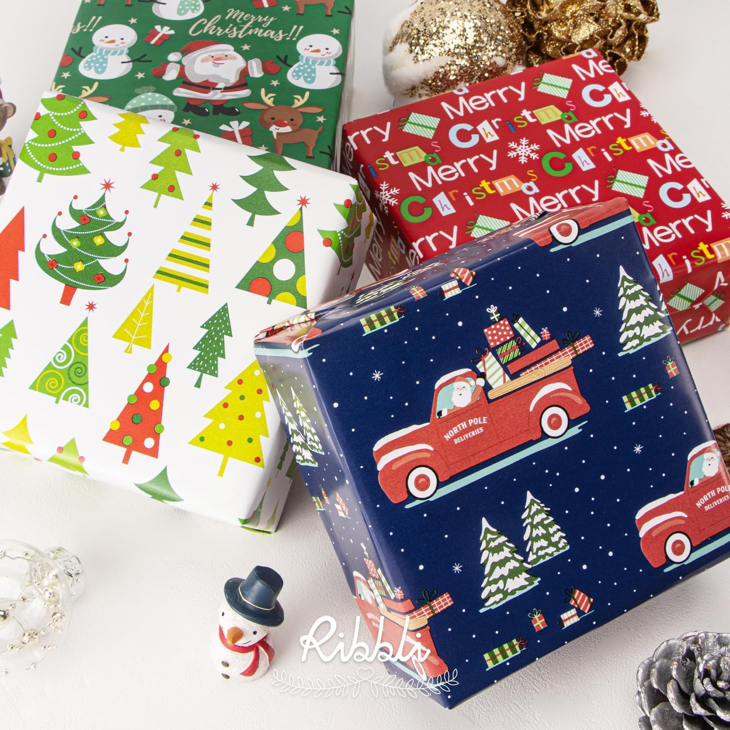 Ribbli Christmas Wrapping Paper 17 Inch Gift Wrapping Paper for Kids 4 Rolls Merry Christmas Santa Claus Snowman Tree Printed Assortment -17 Inch x 10 Feet Per roll(Green/Red/White/Navy)