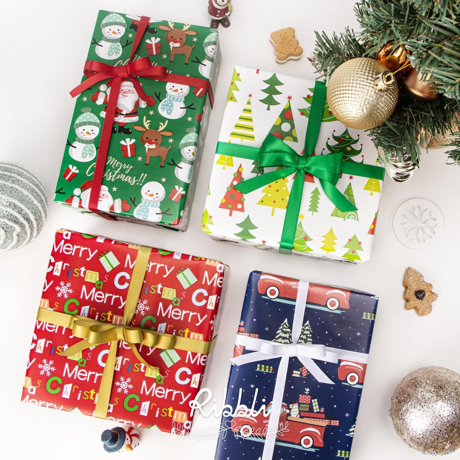 Ribbli Christmas Wrapping Paper 17 Inch Gift Wrapping Paper for Kids 4 Rolls Merry Christmas Santa Claus Snowman Tree Printed Assortment -17 Inch x 10 Feet Per roll(Green/Red/White/Navy)