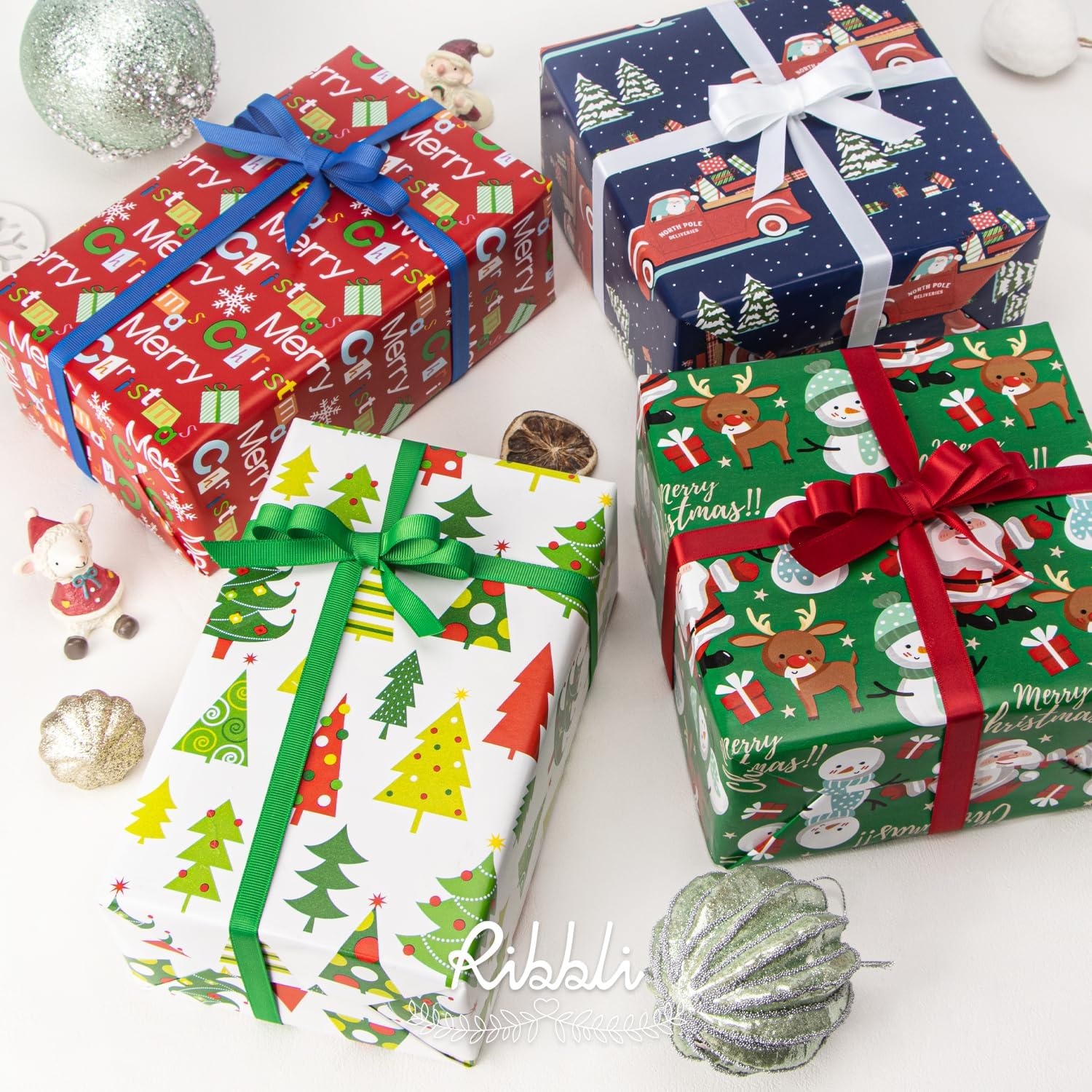 Ribbli Christmas Wrapping Paper 17 Inch Gift Wrapping Paper for Kids 4 Rolls Merry Christmas Santa Claus Snowman Tree Printed Assortment -17 Inch x 10 Feet Per roll(Green/Red/White/Navy)