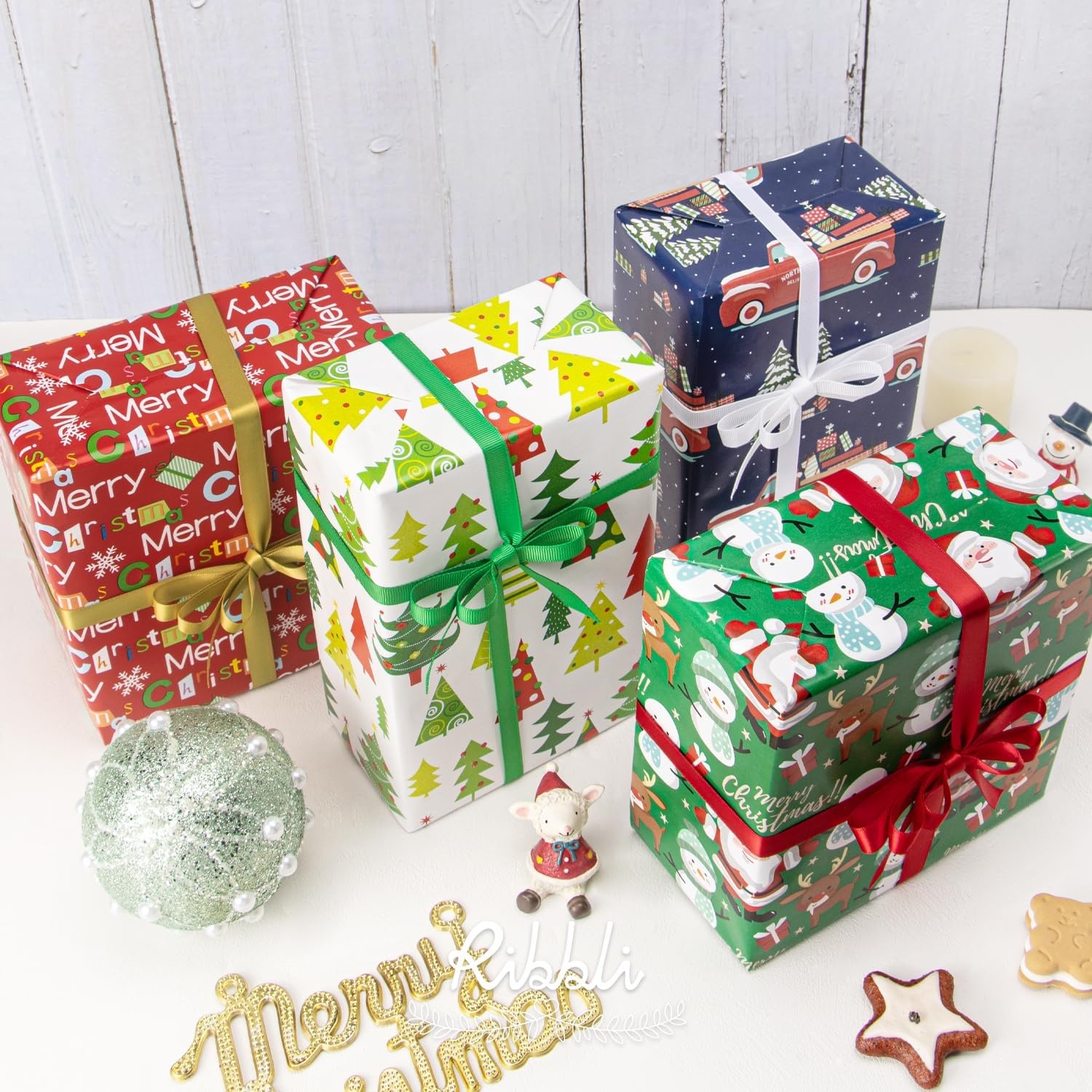Ribbli Christmas Wrapping Paper 17 Inch Gift Wrapping Paper for Kids 4 Rolls Merry Christmas Santa Claus Snowman Tree Printed Assortment -17 Inch x 10 Feet Per roll(Green/Red/White/Navy)