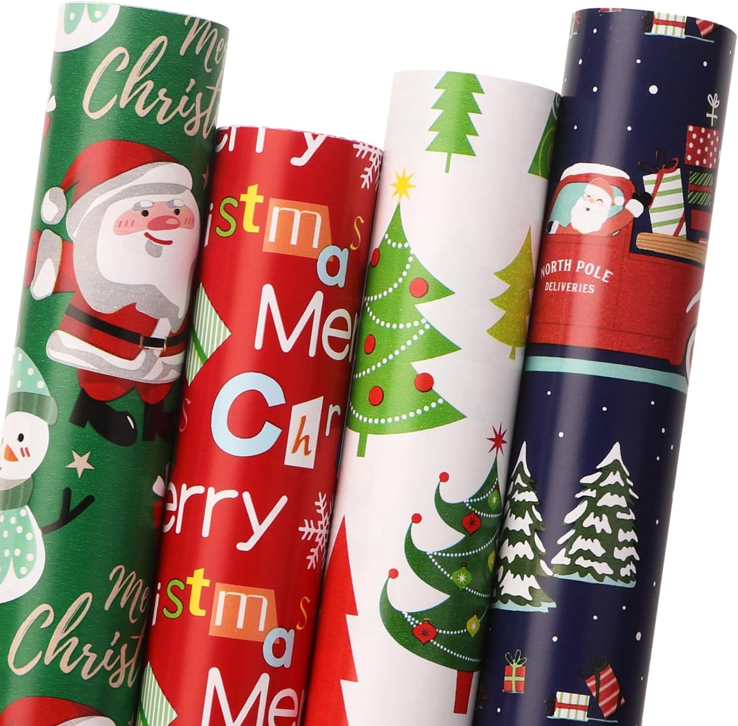 Ribbli Christmas Wrapping Paper 17 Inch Gift Wrapping Paper for Kids 4 Rolls Merry Christmas Santa Claus Snowman Tree Printed Assortment -17 Inch x 10 Feet Per roll(Green/Red/White/Navy)