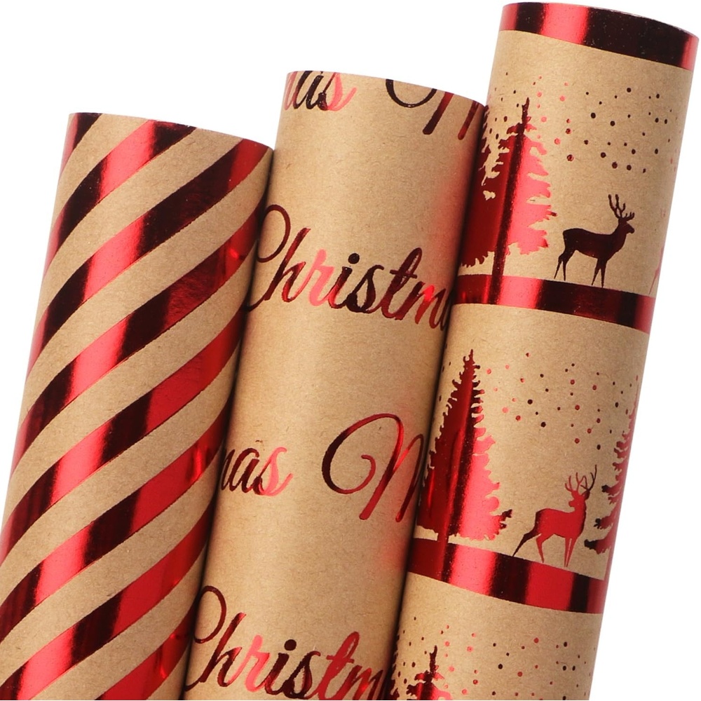 Ribbli Christmas Wrapping Paper Mini Roll Red Green Kraft Paper Merry Christmas Snowflakes Tree 3 Rolls Vintage Printed Assortment – 17 inch x 120 inch(10feet) Per Roll(Brown/Red)