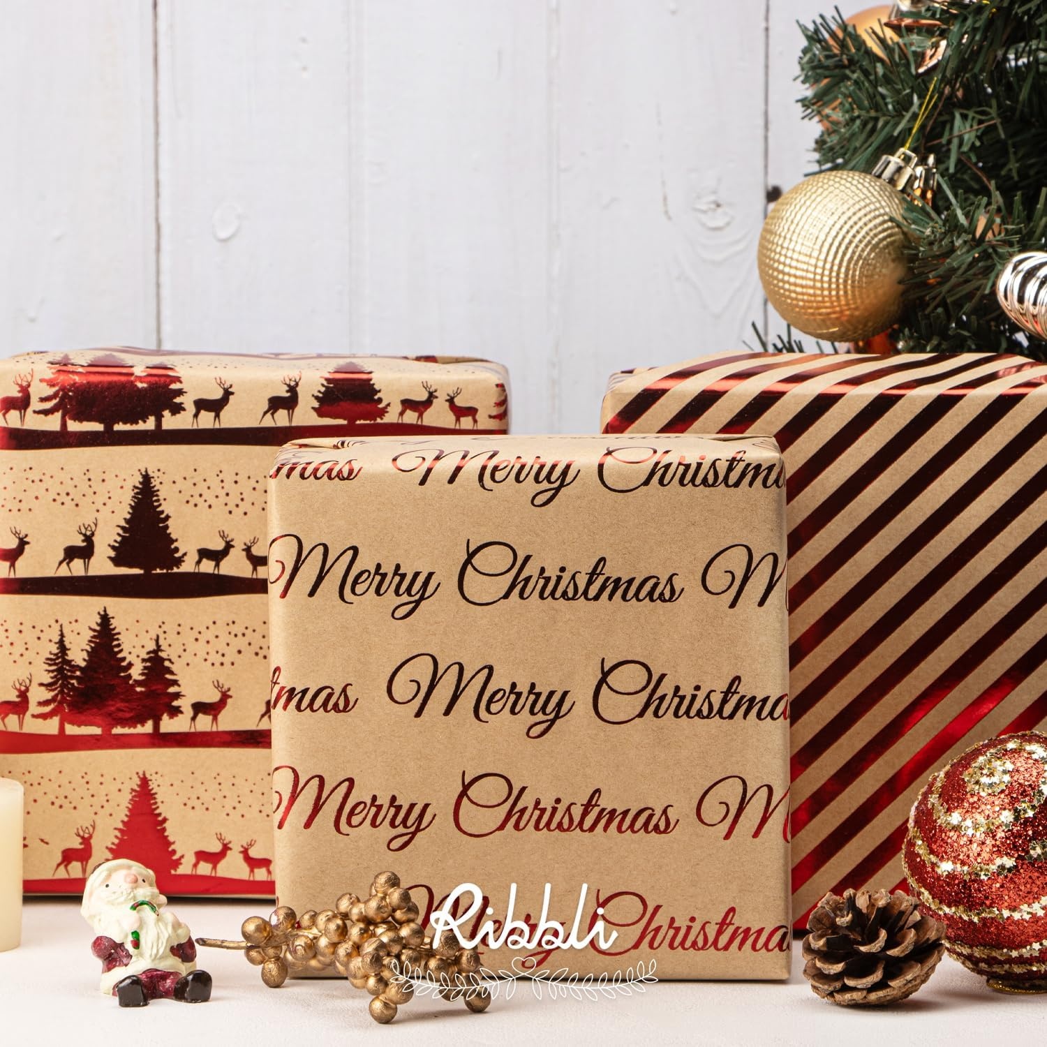 Ribbli Christmas Wrapping Paper Mini Roll Red Green Kraft Paper Merry Christmas Snowflakes Tree 3 Rolls Vintage Printed Assortment – 17 inch x 120 inch(10feet) Per Roll(Brown/Red)
