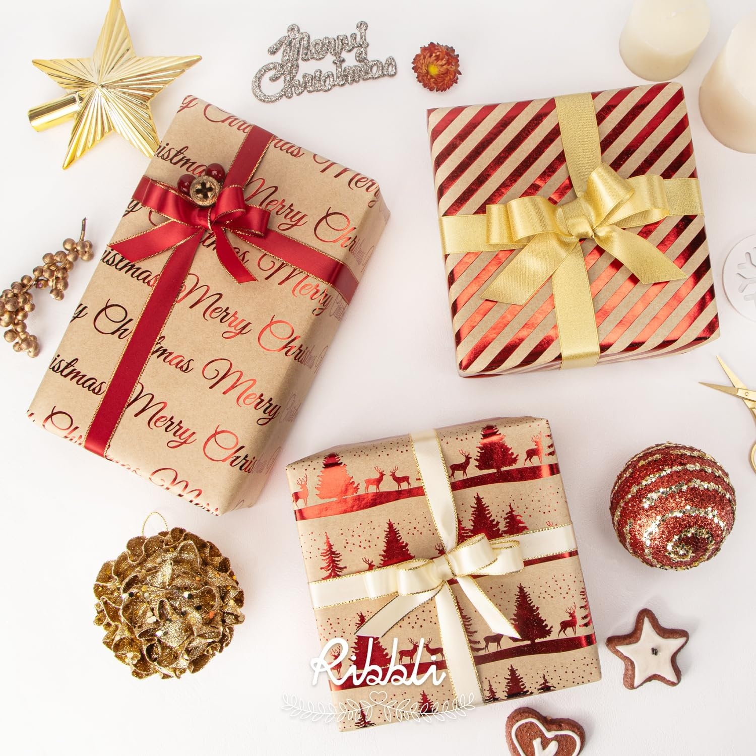Ribbli Christmas Wrapping Paper Mini Roll Red Green Kraft Paper Merry Christmas Snowflakes Tree 3 Rolls Vintage Printed Assortment – 17 inch x 120 inch(10feet) Per Roll(Brown/Red)