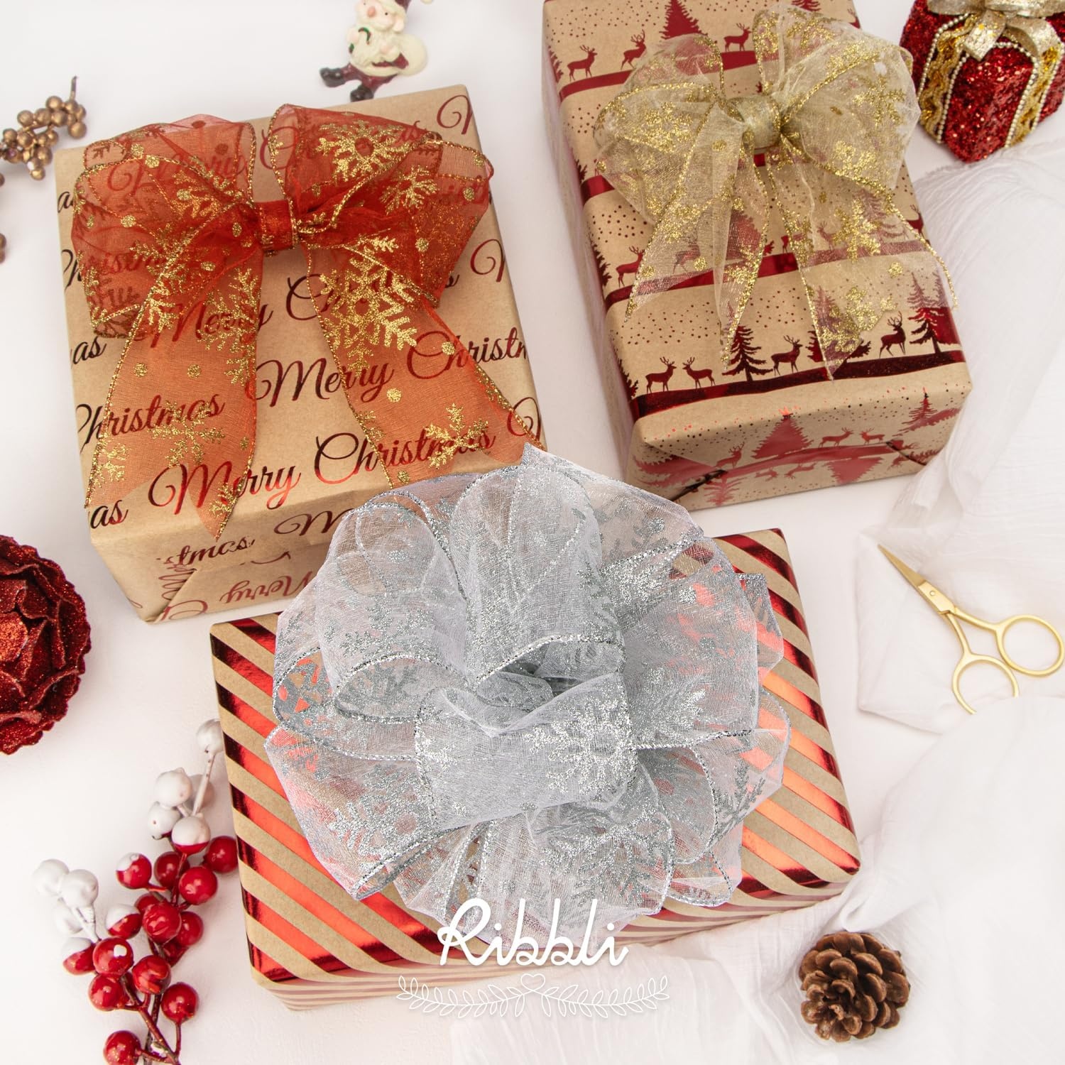 Ribbli Christmas Wrapping Paper Mini Roll Red Green Kraft Paper Merry Christmas Snowflakes Tree 3 Rolls Vintage Printed Assortment – 17 inch x 120 inch(10feet) Per Roll(Brown/Red)