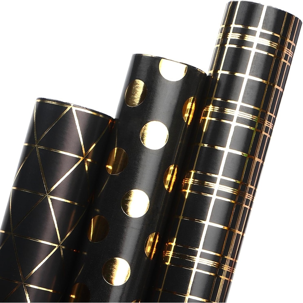 Ribbli Floral Wrapping Paper Mini Roll, 3 Rolls Dusty Blue Vintage Flower Gift Wrap for Mother’s Day Women Girl Friend Wedding – 17 inch x 120 inch(10feet) Per Roll(Black/Gold)