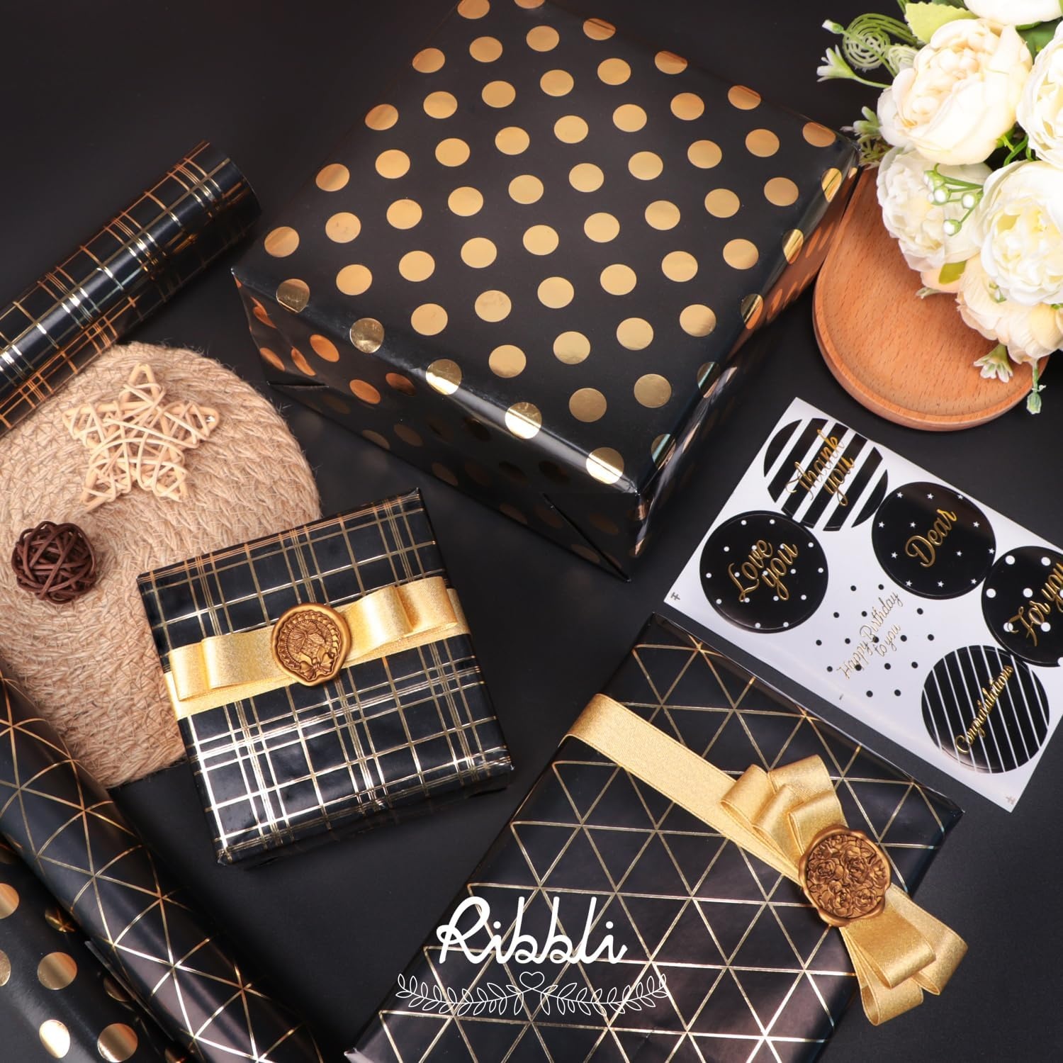 Ribbli Floral Wrapping Paper Mini Roll, 3 Rolls Dusty Blue Vintage Flower Gift Wrap for Mother’s Day Women Girl Friend Wedding – 17 inch x 120 inch(10feet) Per Roll(Black/Gold)