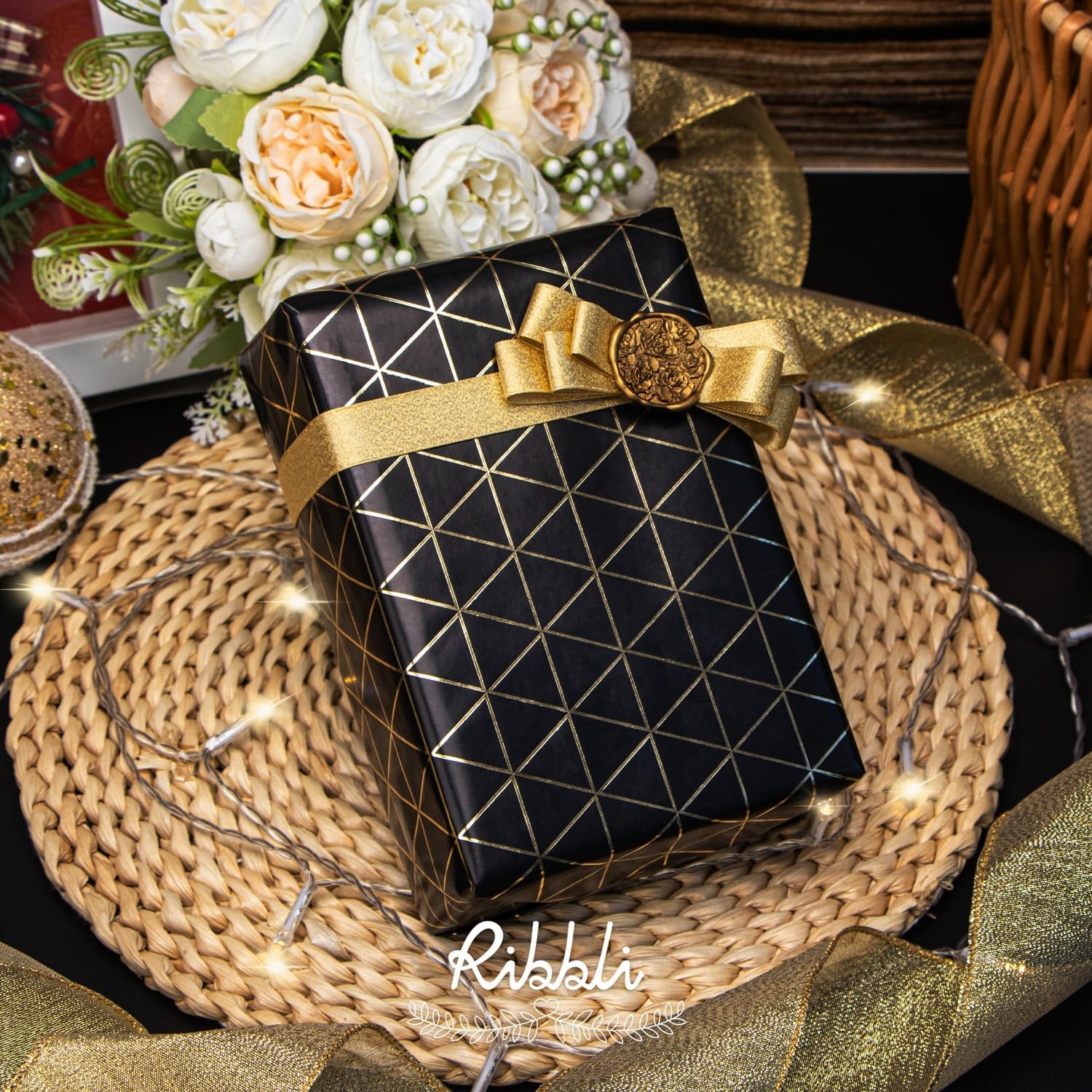 Ribbli Floral Wrapping Paper Mini Roll, 3 Rolls Dusty Blue Vintage Flower Gift Wrap for Mother’s Day Women Girl Friend Wedding – 17 inch x 120 inch(10feet) Per Roll(Black/Gold)