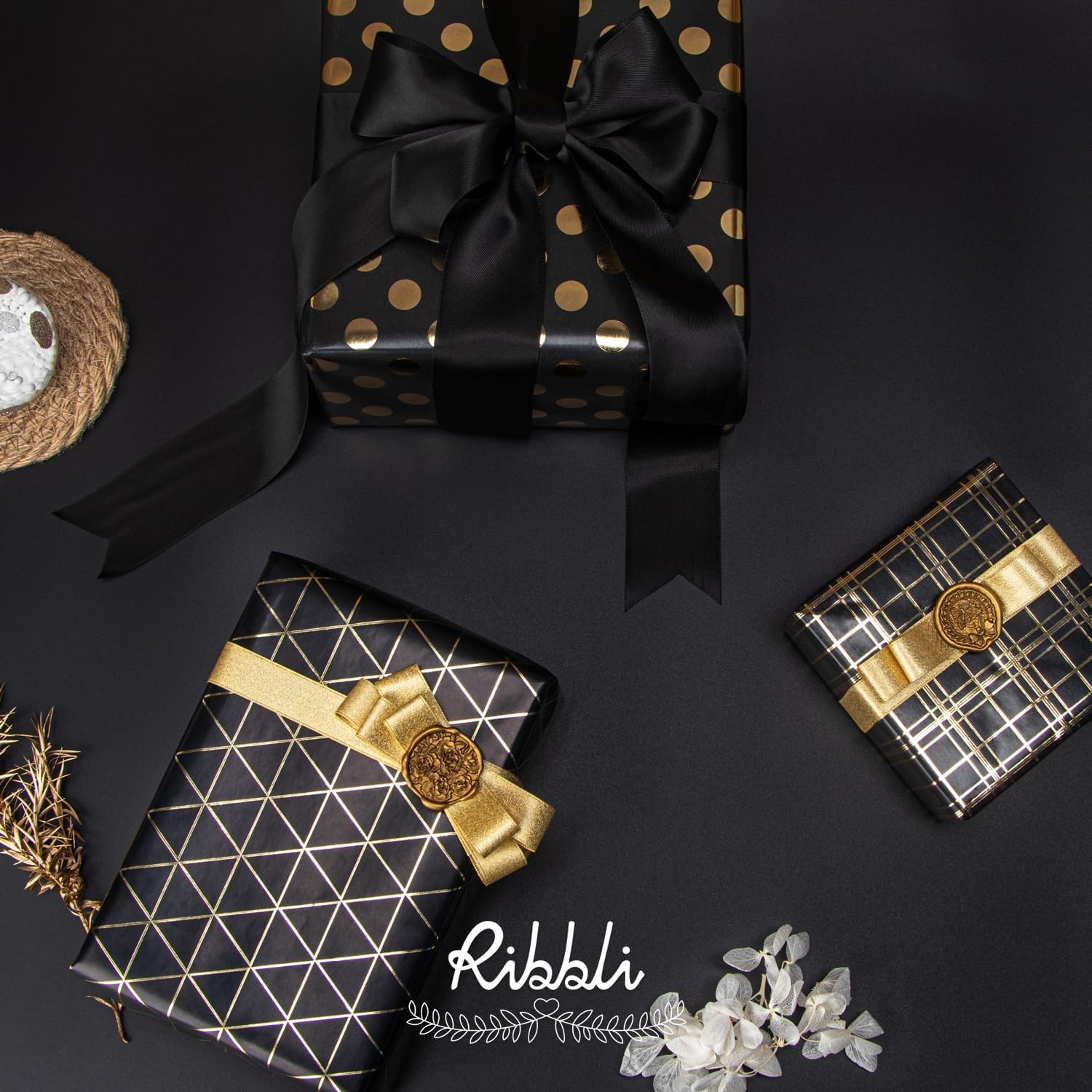 Ribbli Floral Wrapping Paper Mini Roll, 3 Rolls Dusty Blue Vintage Flower Gift Wrap for Mother’s Day Women Girl Friend Wedding – 17 inch x 120 inch(10feet) Per Roll(Black/Gold)