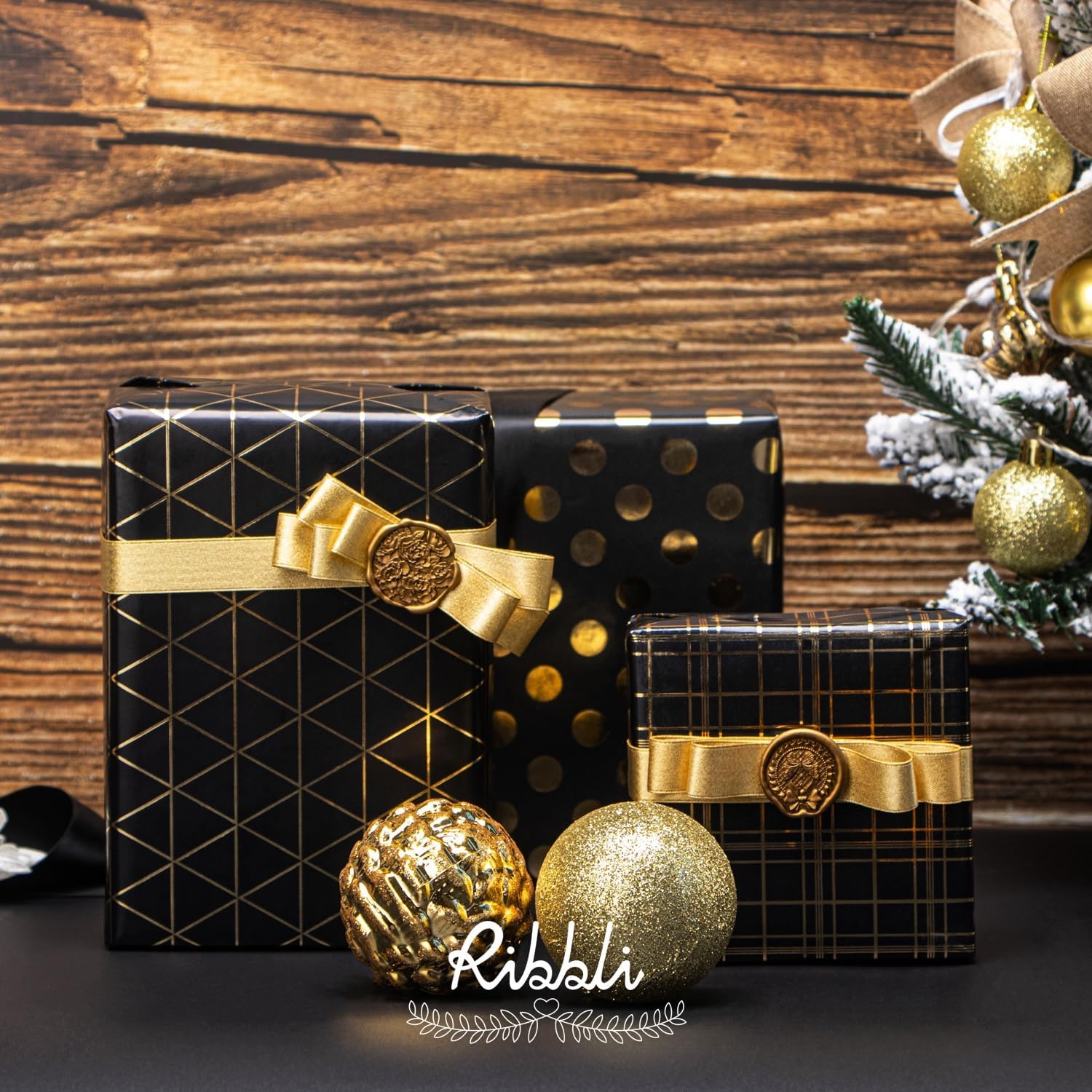 Ribbli Floral Wrapping Paper Mini Roll, 3 Rolls Dusty Blue Vintage Flower Gift Wrap for Mother’s Day Women Girl Friend Wedding – 17 inch x 120 inch(10feet) Per Roll(Black/Gold)
