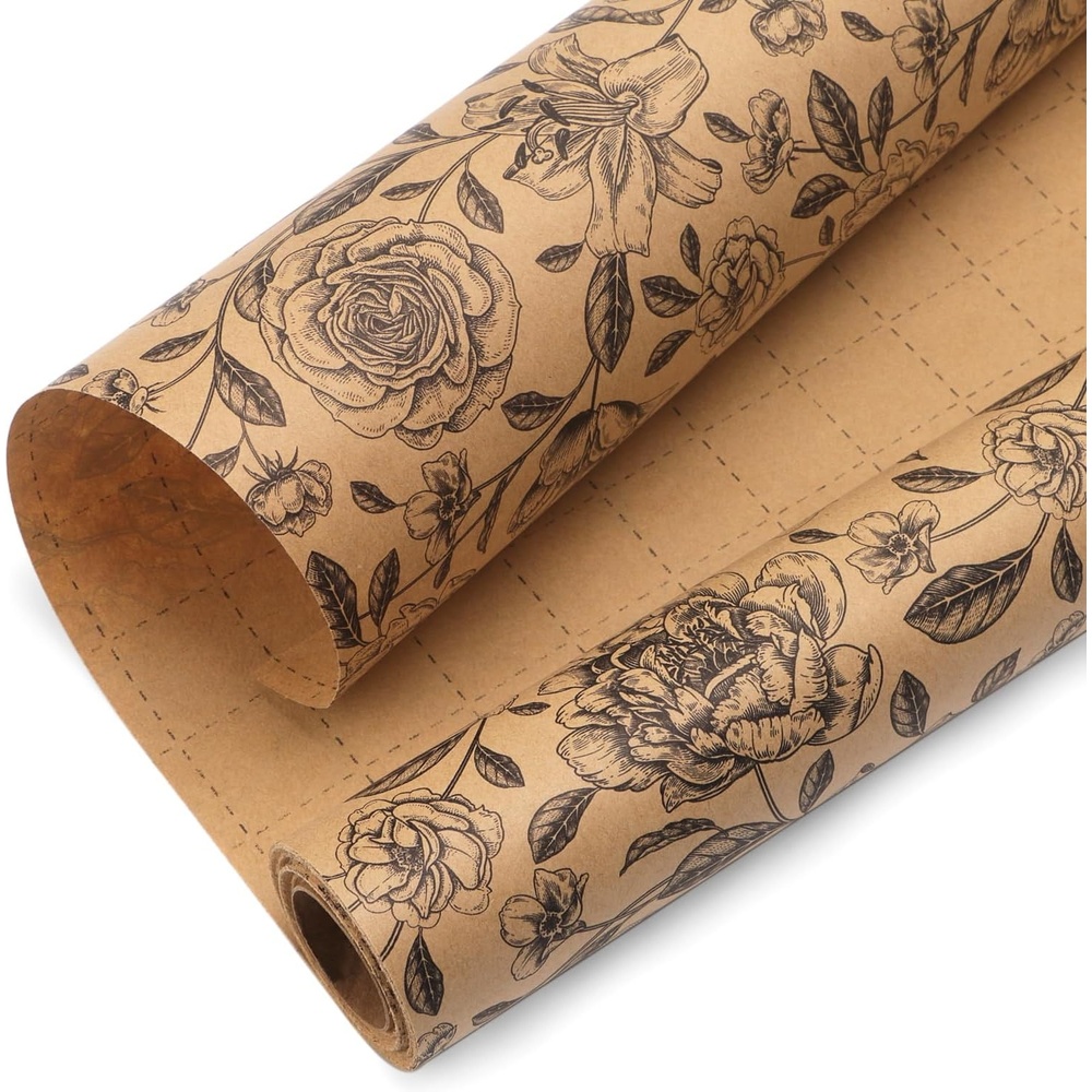 Ribbli Floral Wrapping Paper Vintage Birthday Kraft Paper Perfect for Wedding Bridal Shower Women Girls Anniversary with Colorful Pattern- 17Inch x 394Inch(33Feet)(Black)
