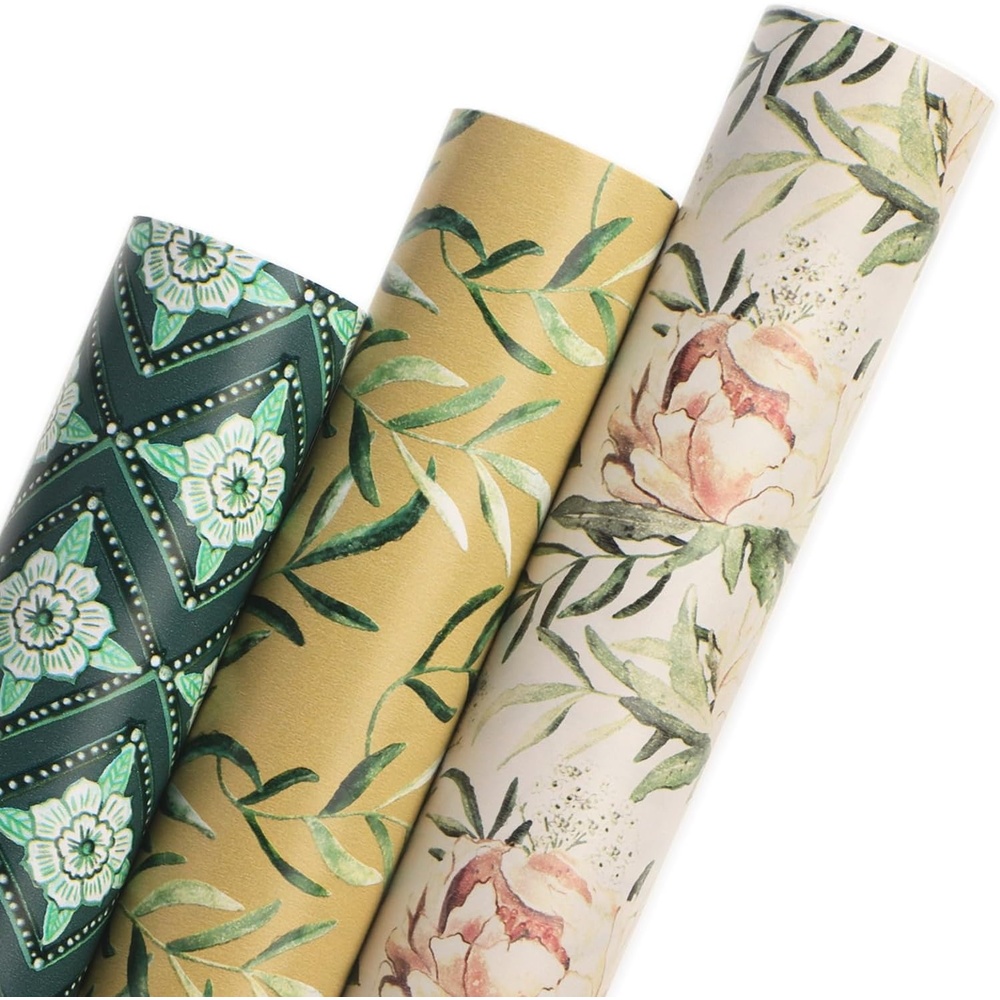 Ribbli Floral Wrapping Paper Mini Roll, 3 Rolls Dusty Blue Vintage Flower Gift Wrap for Mother’s Day Women Girl Friend Wedding – 17 inch x 120 inch(10feet) Per Roll(Sage Green)
