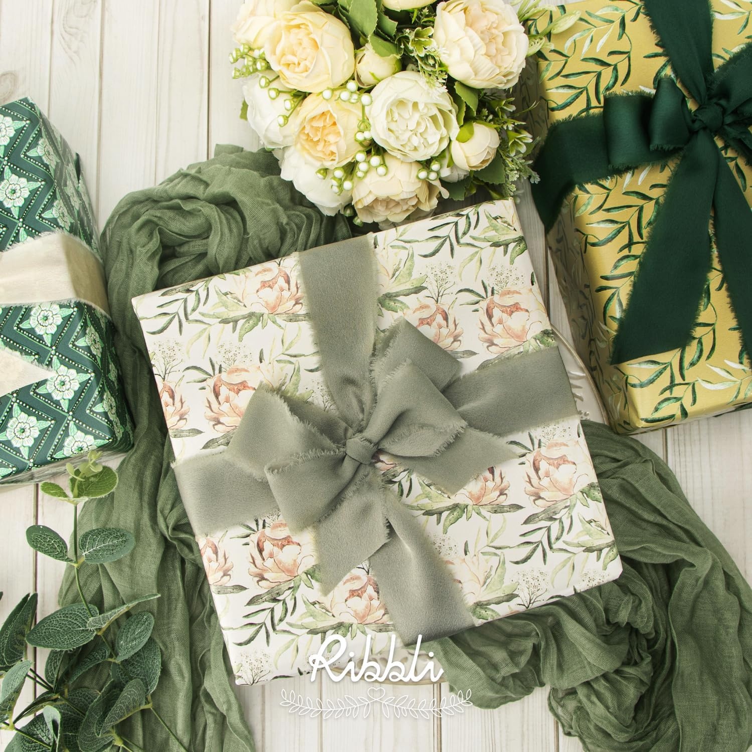 Ribbli Floral Wrapping Paper Mini Roll, 3 Rolls Dusty Blue Vintage Flower Gift Wrap for Mother’s Day Women Girl Friend Wedding – 17 inch x 120 inch(10feet) Per Roll(Sage Green)