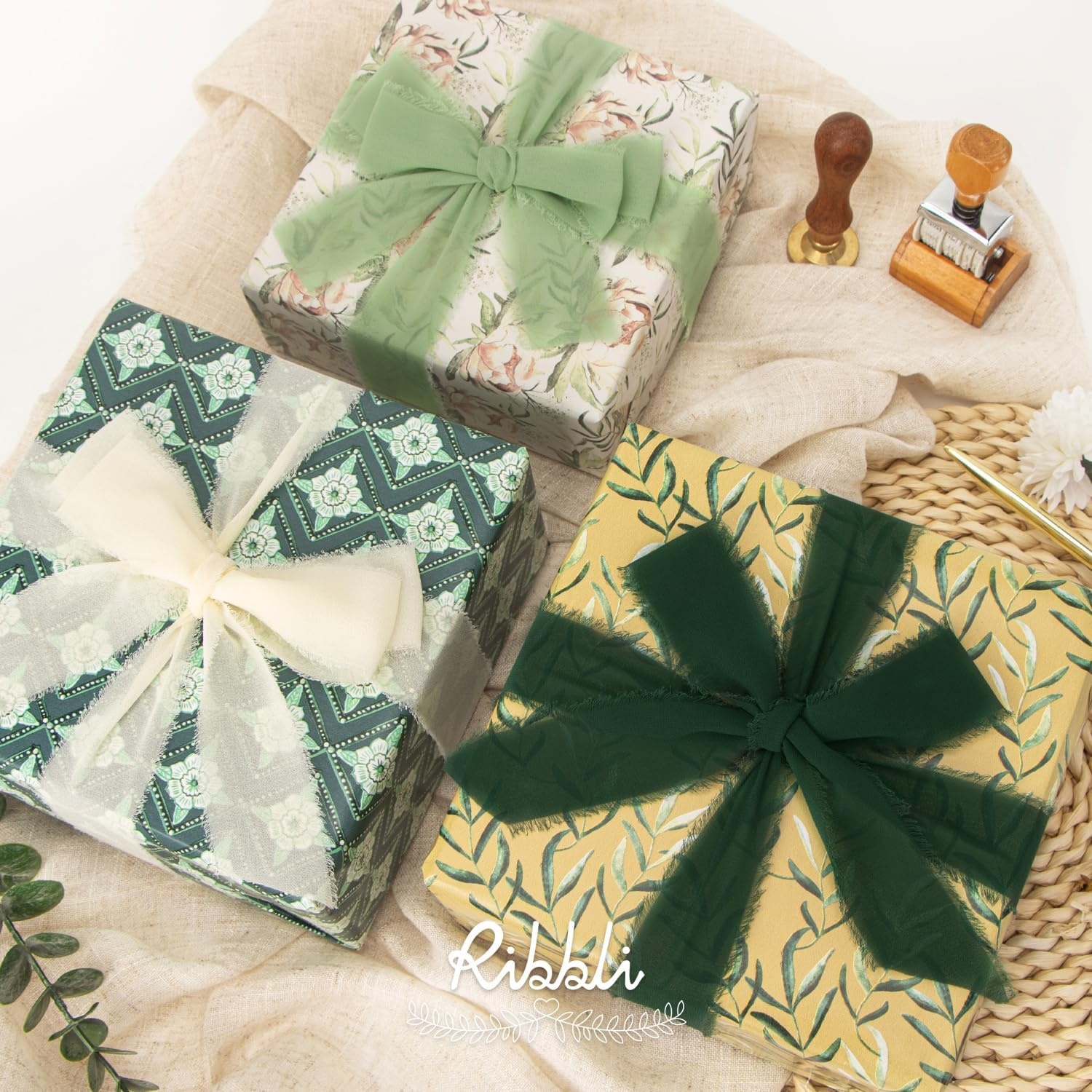 Ribbli Floral Wrapping Paper Mini Roll, 3 Rolls Dusty Blue Vintage Flower Gift Wrap for Mother’s Day Women Girl Friend Wedding – 17 inch x 120 inch(10feet) Per Roll(Sage Green)