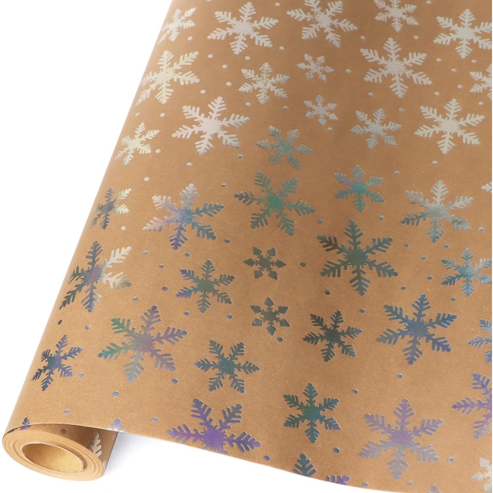 Ribbli Christmas Wrapping Paper Christmas Tree with Gold Foil Brown Kraft Gift Wrapping Paper Rolls-17 Inch x 33 Feet Per roll(Iridescent Snowflake)