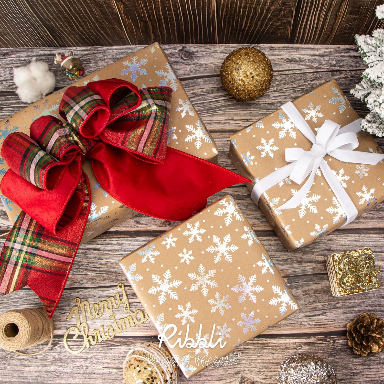 Ribbli Christmas Wrapping Paper Christmas Tree with Gold Foil Brown Kraft Gift Wrapping Paper Rolls-17 Inch x 33 Feet Per roll(Iridescent Snowflake)