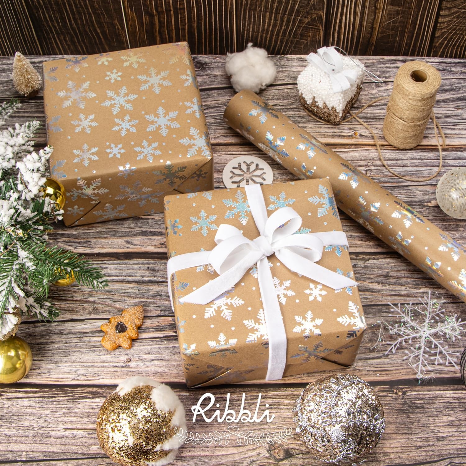 Ribbli Christmas Wrapping Paper Christmas Tree with Gold Foil Brown Kraft Gift Wrapping Paper Rolls-17 Inch x 33 Feet Per roll(Iridescent Snowflake)