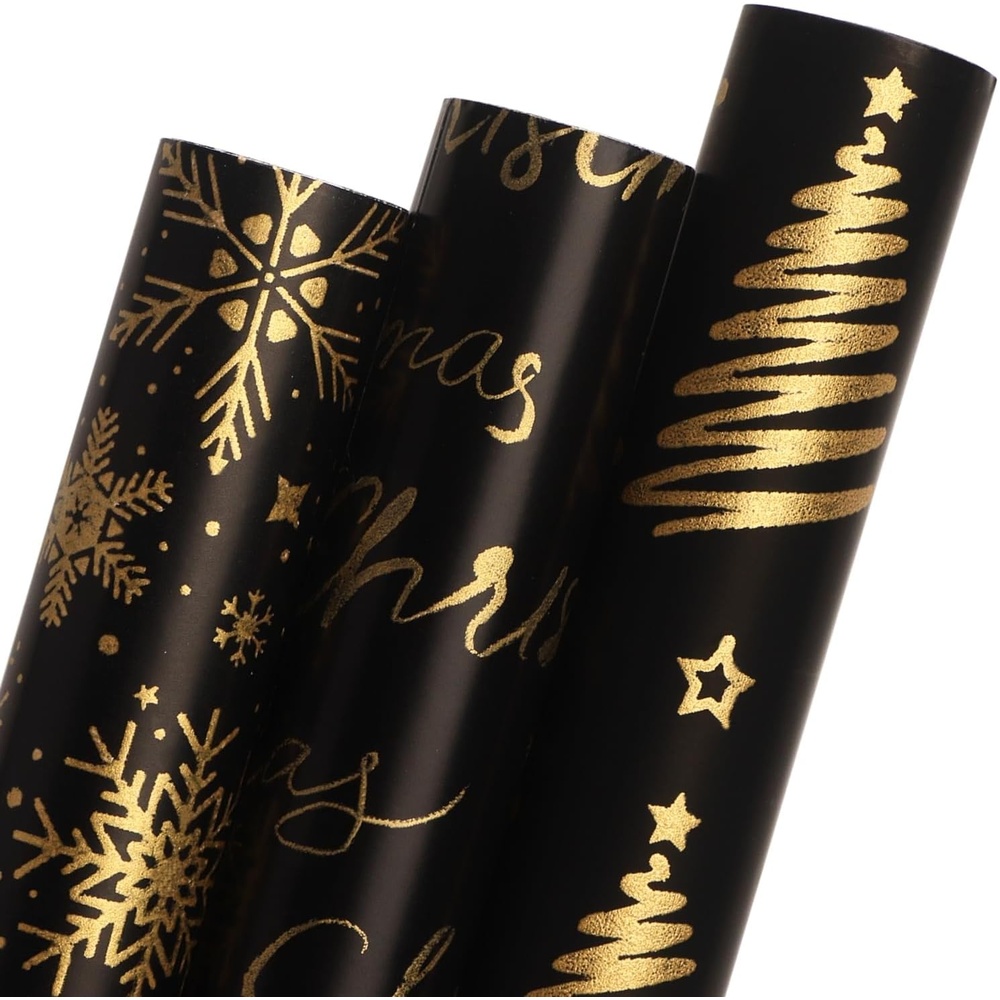 Ribbli Birthday Wrapping Paper Black and Gold Gift Wrapping Paper for Men Fathers Day Husband Boyfriend Mini Roll, 3 Rolls Stripe Geometry Pattern – 17 inch x 120 inch(10feet) Per Roll(Black/Gold)
