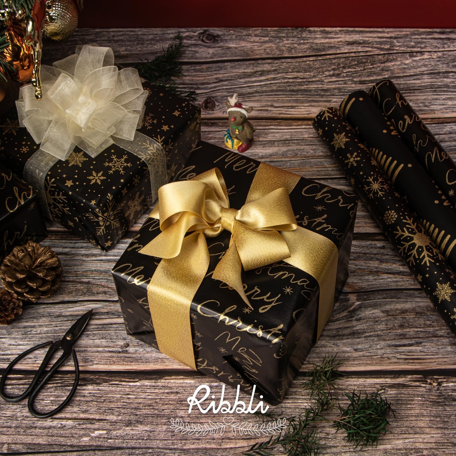Ribbli Birthday Wrapping Paper Black and Gold Gift Wrapping Paper for Men Fathers Day Husband Boyfriend Mini Roll, 3 Rolls Stripe Geometry Pattern – 17 inch x 120 inch(10feet) Per Roll(Black/Gold)