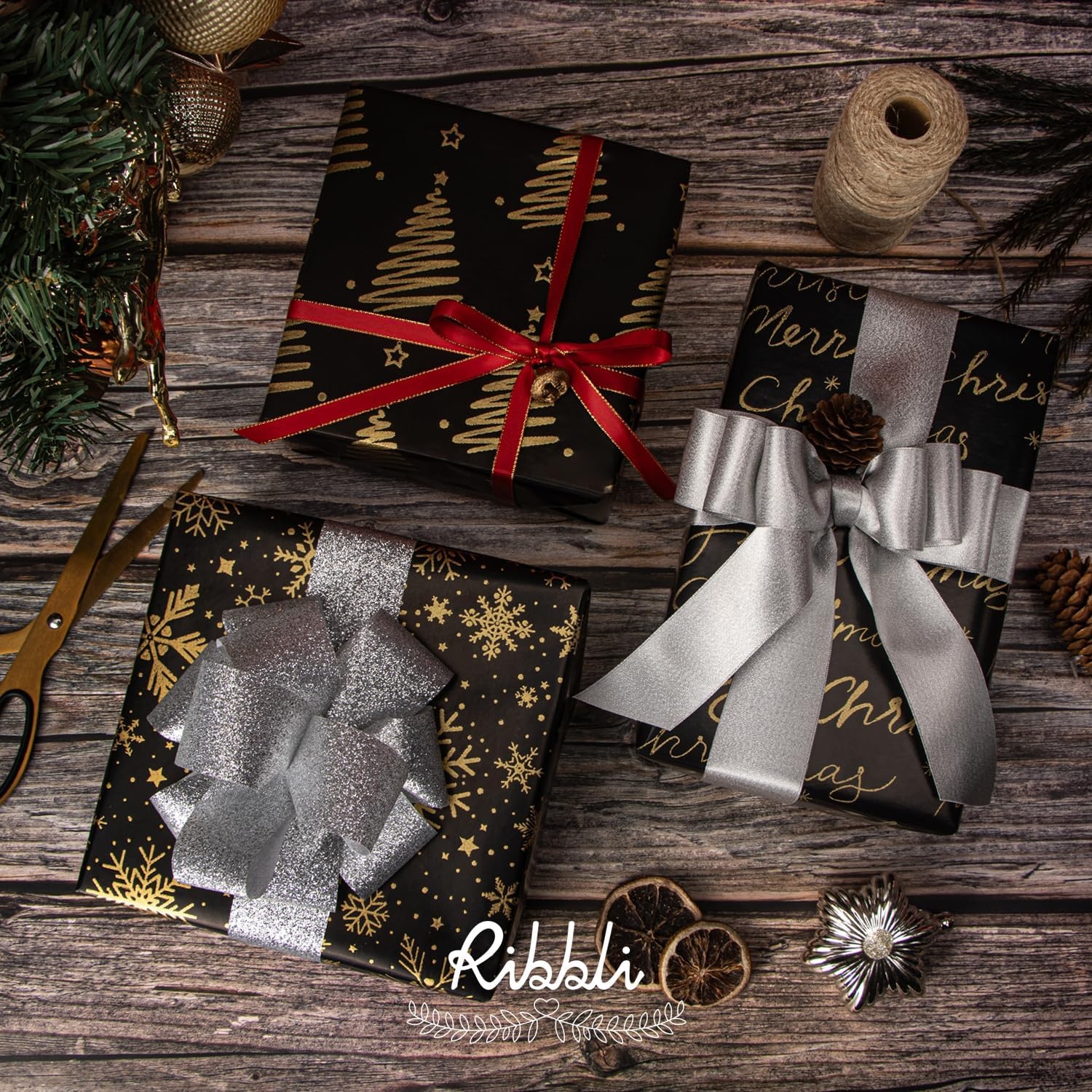 Ribbli Birthday Wrapping Paper Black and Gold Gift Wrapping Paper for Men Fathers Day Husband Boyfriend Mini Roll, 3 Rolls Stripe Geometry Pattern – 17 inch x 120 inch(10feet) Per Roll(Black/Gold)
