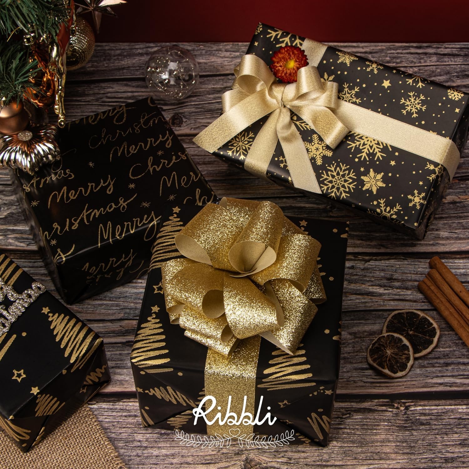 Ribbli Birthday Wrapping Paper Black and Gold Gift Wrapping Paper for Men Fathers Day Husband Boyfriend Mini Roll, 3 Rolls Stripe Geometry Pattern – 17 inch x 120 inch(10feet) Per Roll(Black/Gold)