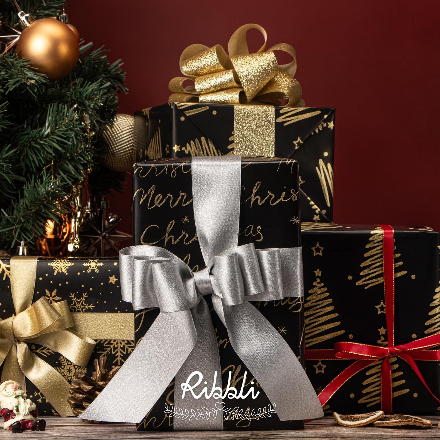 Ribbli Birthday Wrapping Paper Black and Gold Gift Wrapping Paper for Men Fathers Day Husband Boyfriend Mini Roll, 3 Rolls Stripe Geometry Pattern – 17 inch x 120 inch(10feet) Per Roll(Black/Gold)