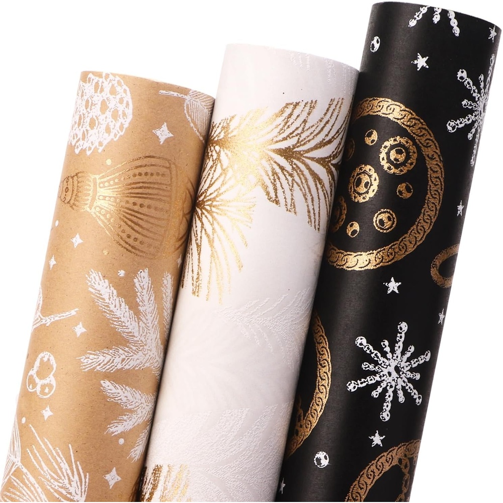 Ribbli Christmas Wrapping Paper Mini Roll Red Green Kraft Paper Merry Christmas Snowflakes Tree 3 Rolls Vintage Printed Assortment – 17 inch x 120 inch(10feet) Per Roll(Brown/White/Black)