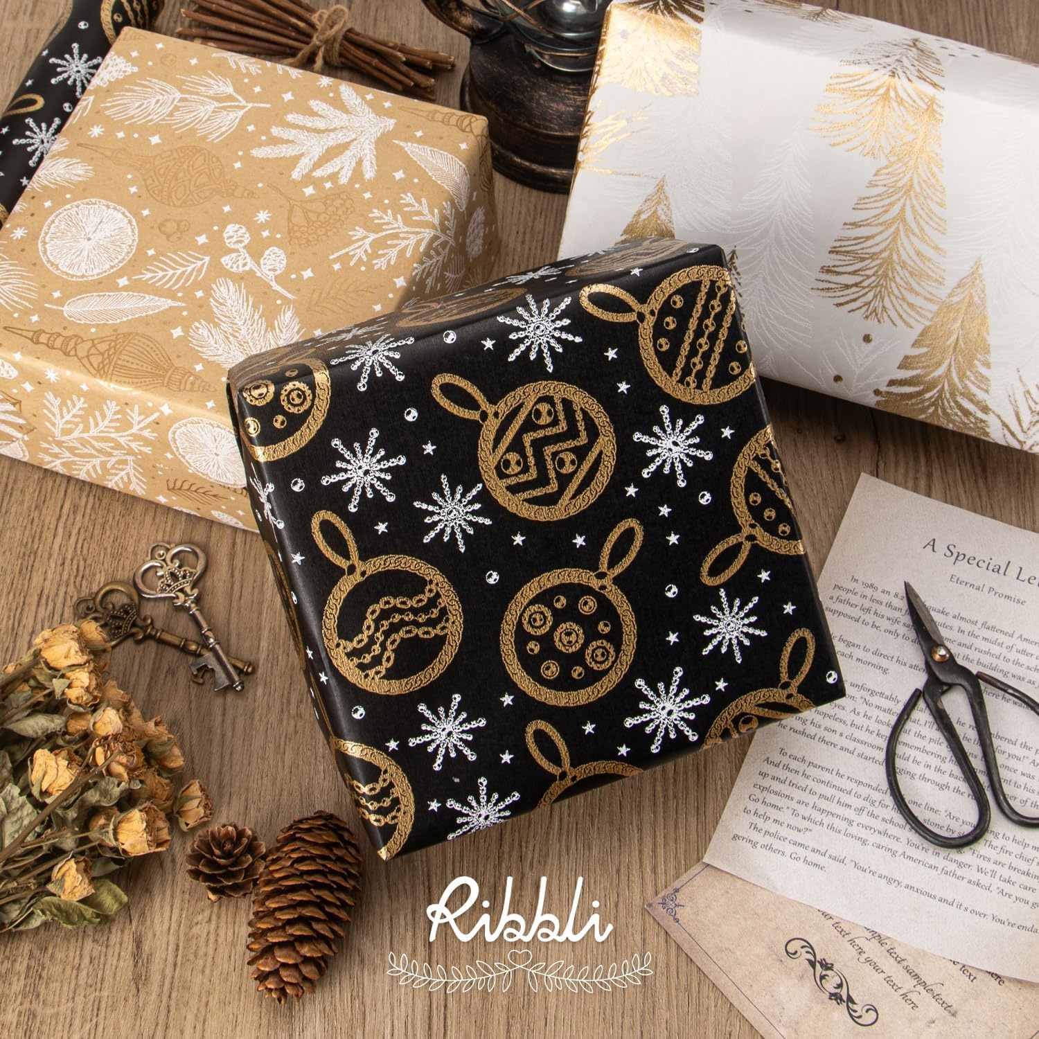 Ribbli Christmas Wrapping Paper Mini Roll Red Green Kraft Paper Merry Christmas Snowflakes Tree 3 Rolls Vintage Printed Assortment – 17 inch x 120 inch(10feet) Per Roll(Brown/White/Black)