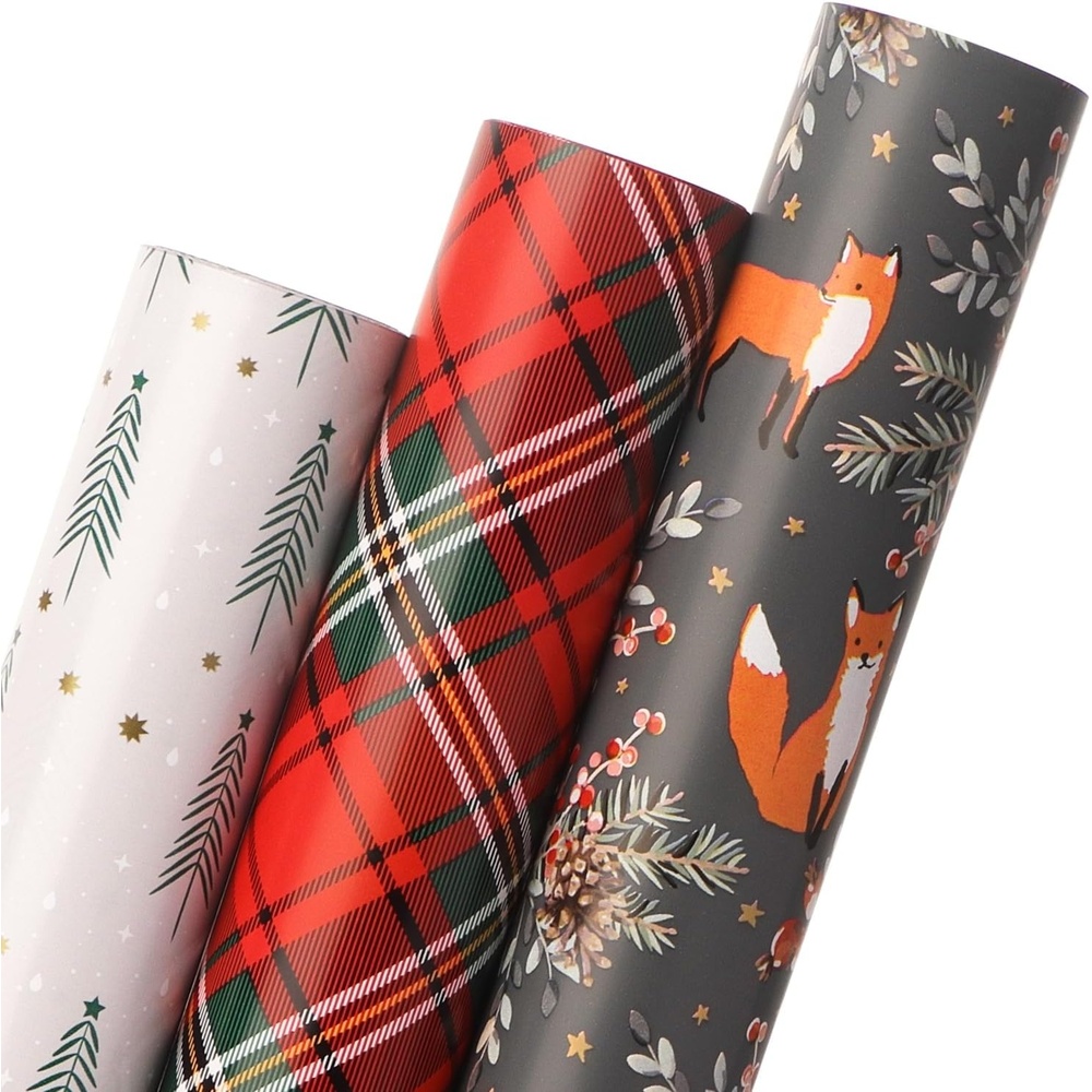 Ribbli Christmas Wrapping Paper Red White Green 3 Rolls Christmas Printed Assortment Gift Wrap Paper for Kids- Mini Roll 17 inch x 120 inch(10feet) Per Roll(Gray/Red/Moss)