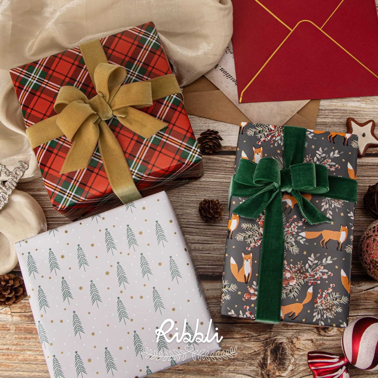 Ribbli Christmas Wrapping Paper Red White Green 3 Rolls Christmas Printed Assortment Gift Wrap Paper for Kids- Mini Roll 17 inch x 120 inch(10feet) Per Roll(Gray/Red/Moss)