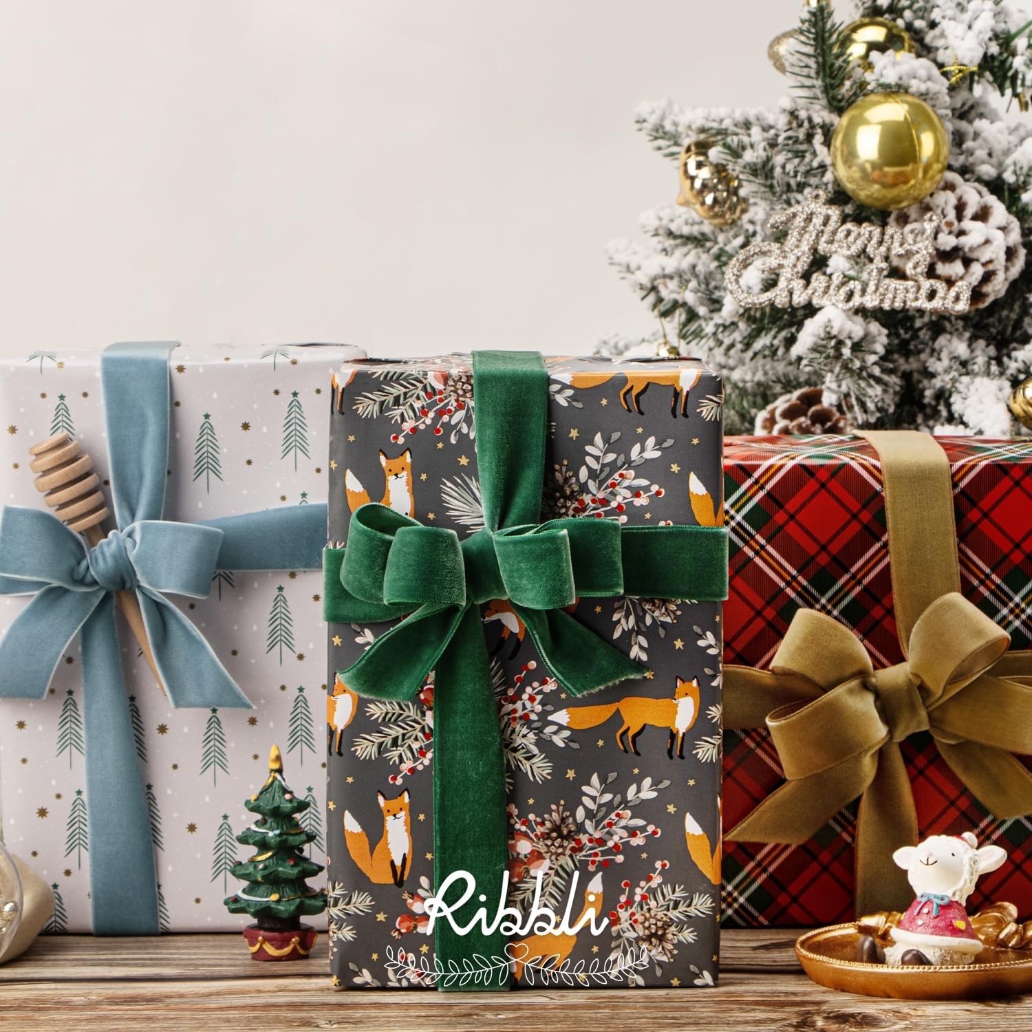 Ribbli Christmas Wrapping Paper Red White Green 3 Rolls Christmas Printed Assortment Gift Wrap Paper for Kids- Mini Roll 17 inch x 120 inch(10feet) Per Roll(Gray/Red/Moss)