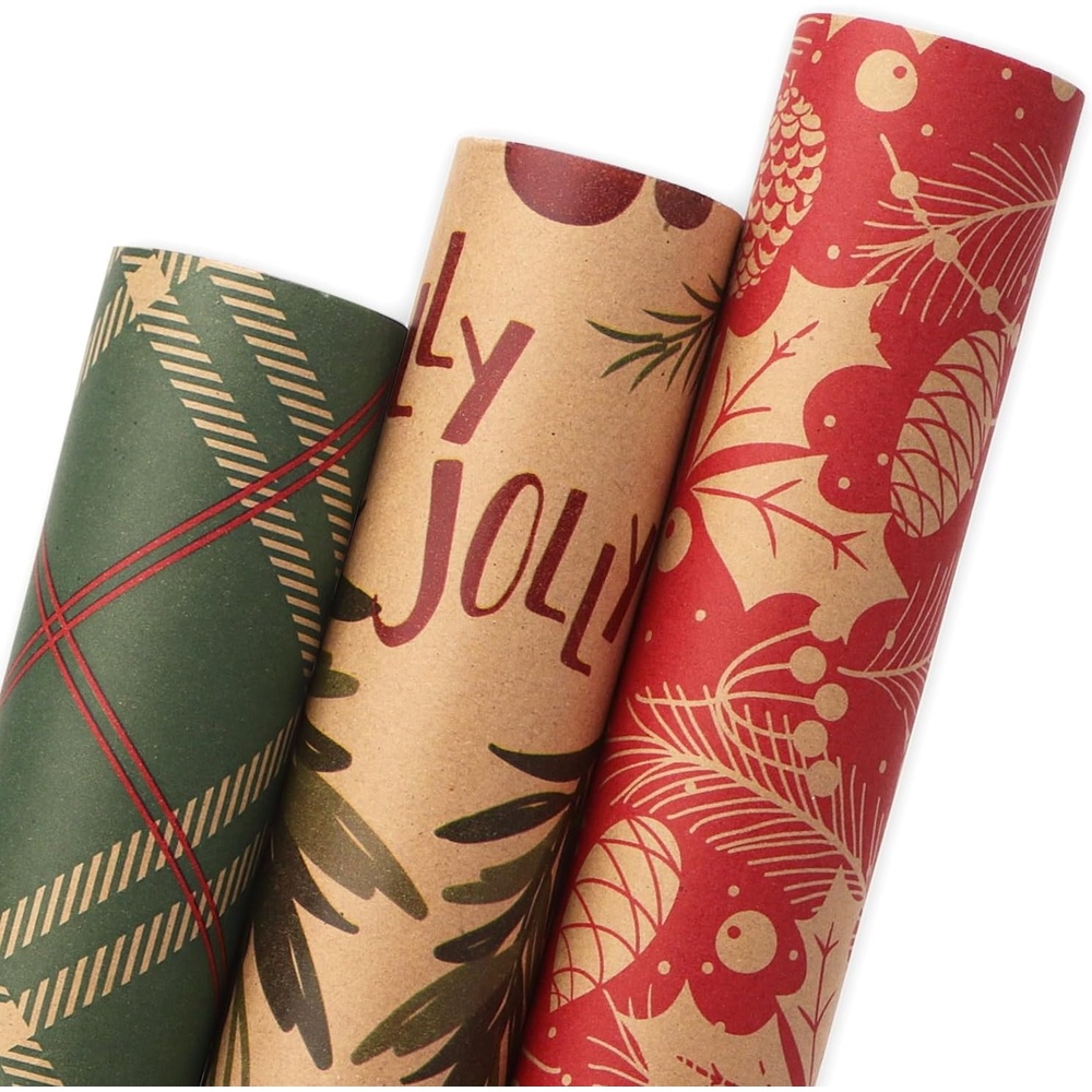 Ribbli Christmas Wrapping Paper Mini Roll Red Green Kraft Paper Merry Christmas Snowflakes Tree 3 Rolls Vintage Printed Assortment – 17 inch x 120 inch(10feet) Per Roll(Green/Brown/Red)