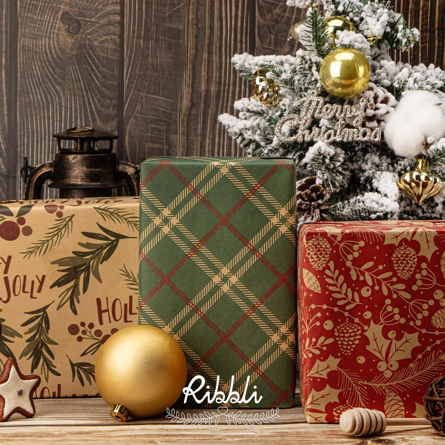 Ribbli Christmas Wrapping Paper Mini Roll Red Green Kraft Paper Merry Christmas Snowflakes Tree 3 Rolls Vintage Printed Assortment – 17 inch x 120 inch(10feet) Per Roll(Green/Brown/Red)