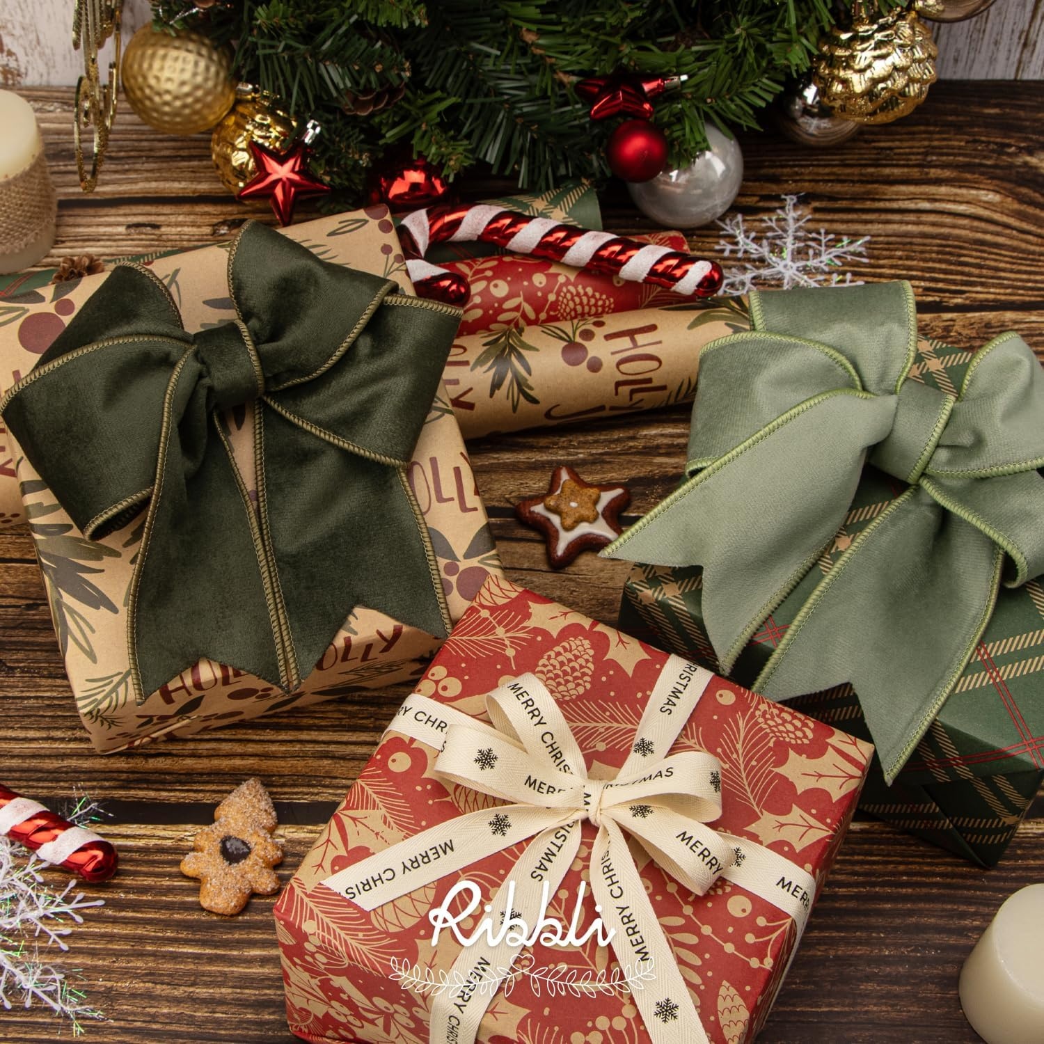 Ribbli Christmas Wrapping Paper Mini Roll Red Green Kraft Paper Merry Christmas Snowflakes Tree 3 Rolls Vintage Printed Assortment – 17 inch x 120 inch(10feet) Per Roll(Green/Brown/Red)