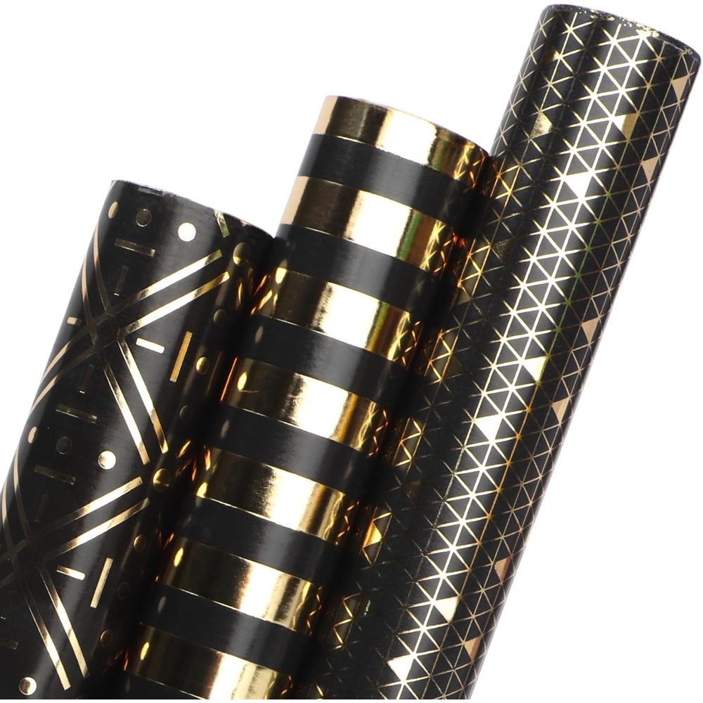 Ribbli Birthday Wrapping Paper Black and Gold Gift Wrapping Paper for Men Fathers Day Husband Boyfriend Mini Roll, 3 Rolls Stripe Geometry Pattern – 17 inch x 120 inch(10feet) Per Roll(Black&Gold A)