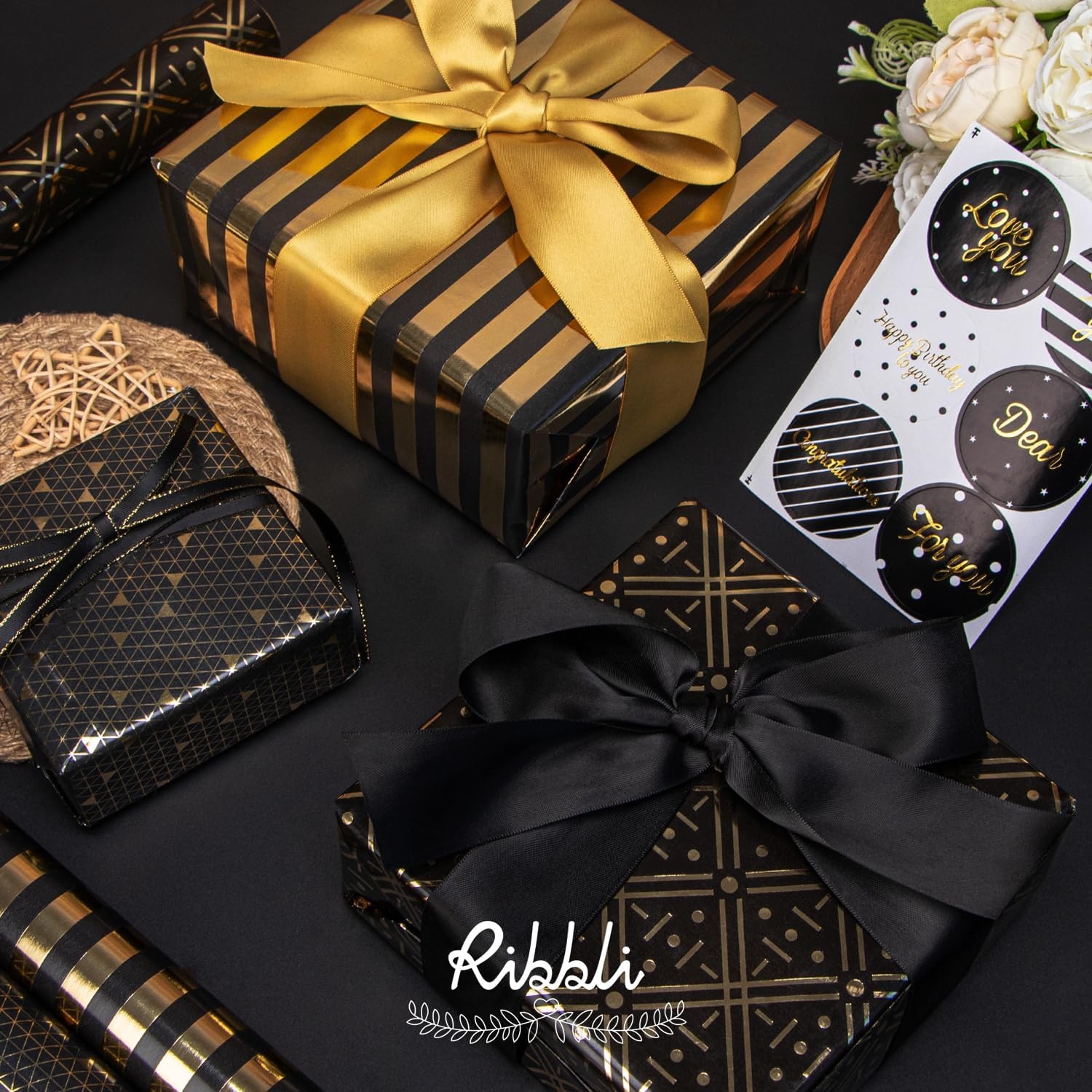 Ribbli Birthday Wrapping Paper Black and Gold Gift Wrapping Paper for Men Fathers Day Husband Boyfriend Mini Roll, 3 Rolls Stripe Geometry Pattern – 17 inch x 120 inch(10feet) Per Roll(Black&Gold A)