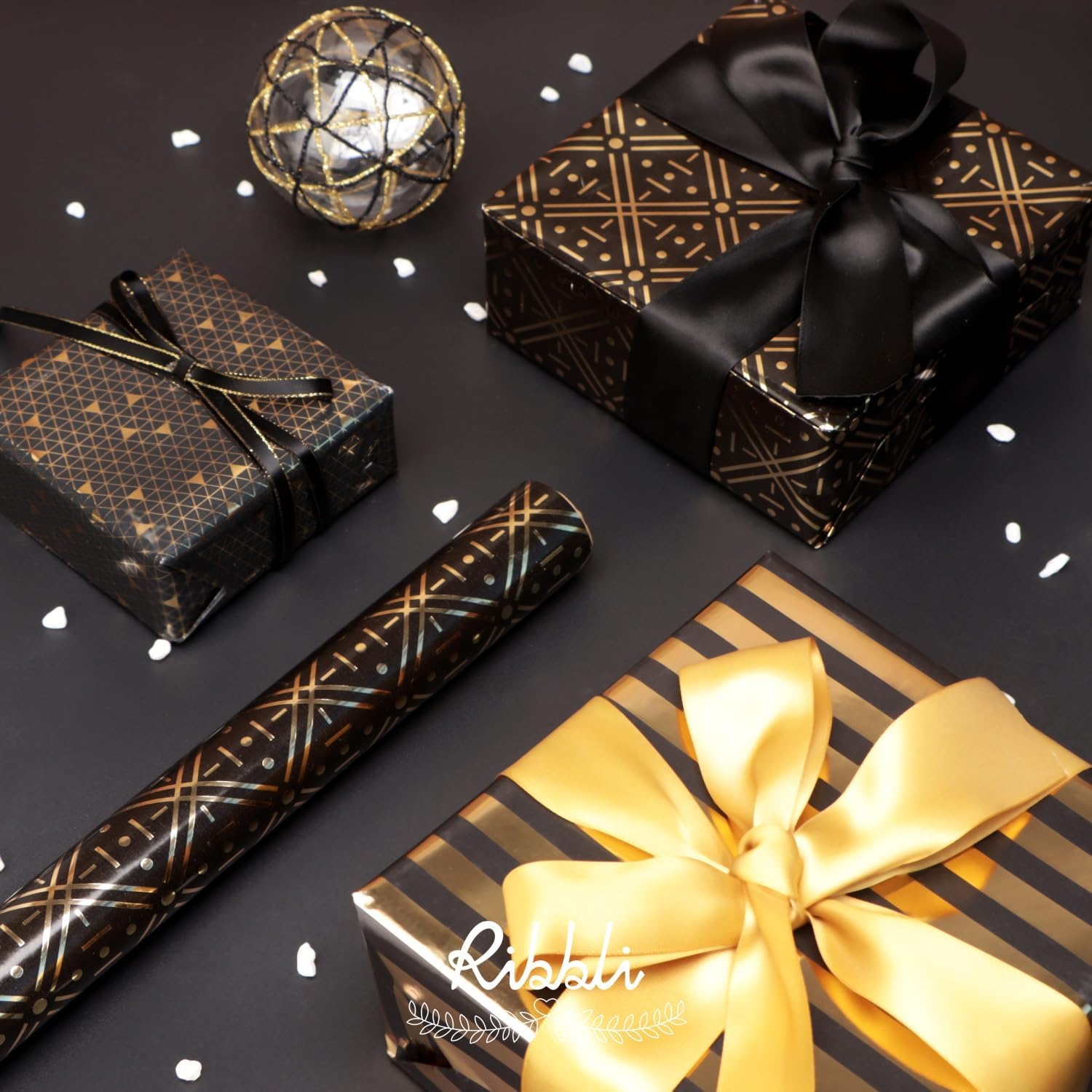 Ribbli Birthday Wrapping Paper Black and Gold Gift Wrapping Paper for Men Fathers Day Husband Boyfriend Mini Roll, 3 Rolls Stripe Geometry Pattern – 17 inch x 120 inch(10feet) Per Roll(Black&Gold A)