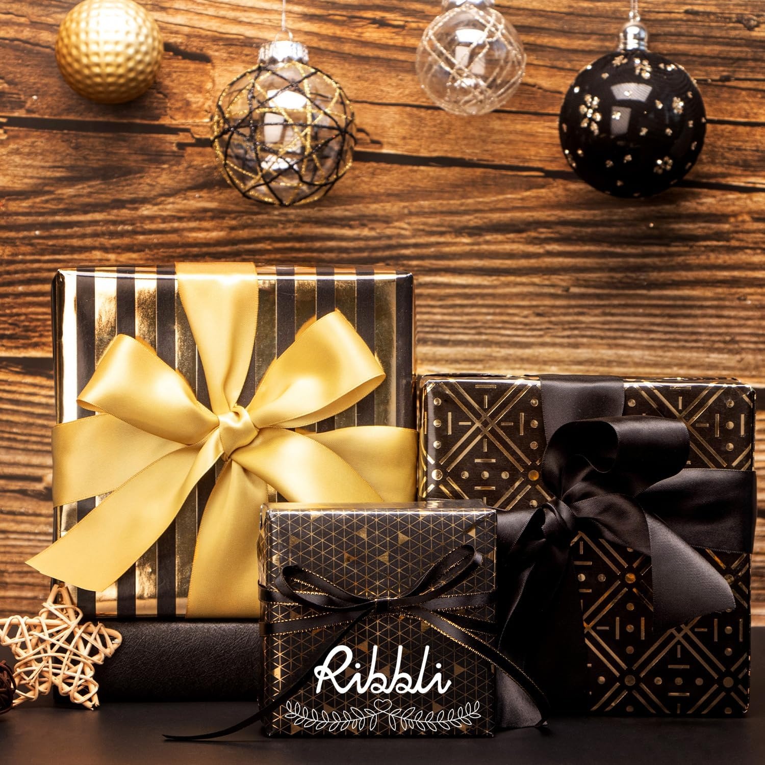 Ribbli Birthday Wrapping Paper Black and Gold Gift Wrapping Paper for Men Fathers Day Husband Boyfriend Mini Roll, 3 Rolls Stripe Geometry Pattern – 17 inch x 120 inch(10feet) Per Roll(Black&Gold A)