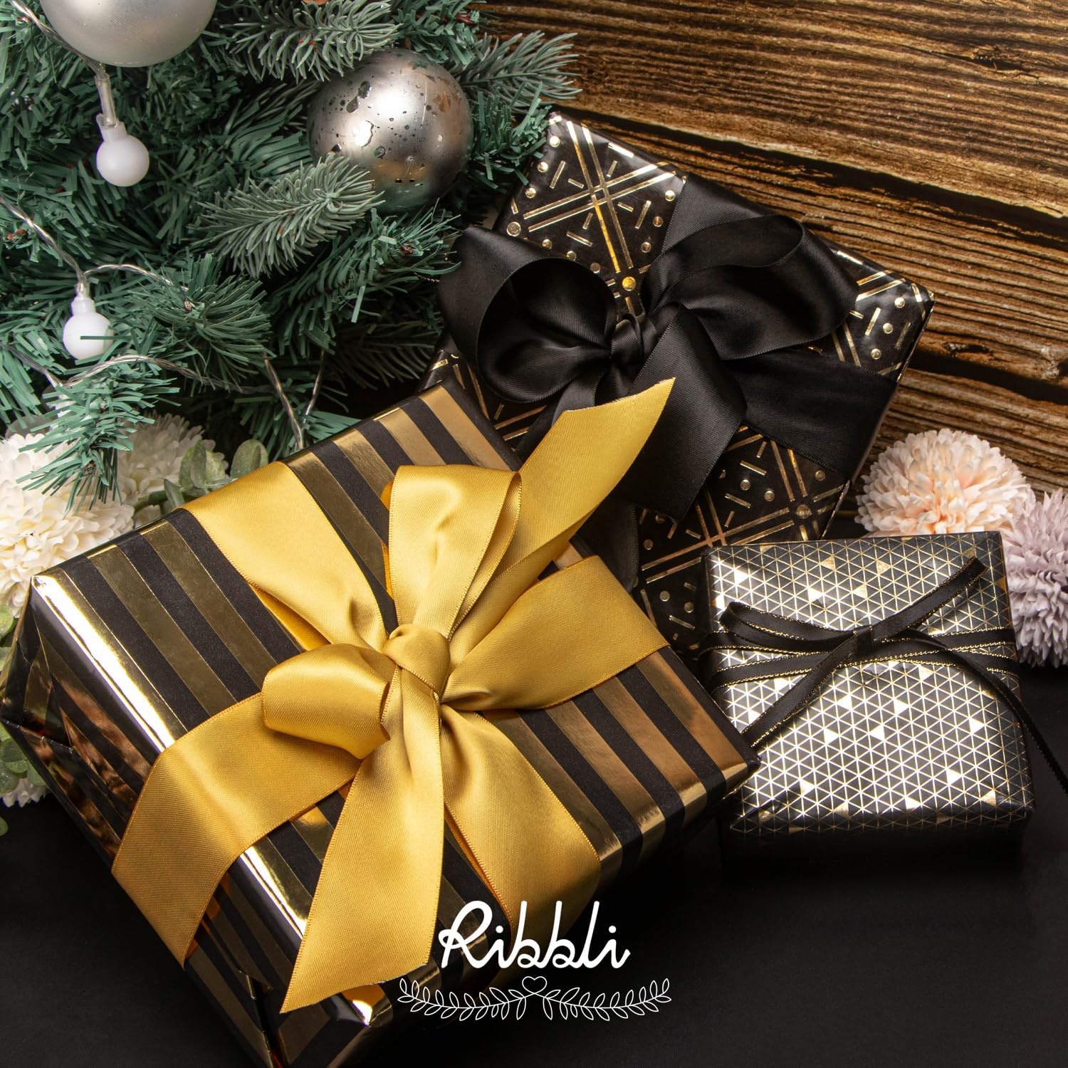 Ribbli Birthday Wrapping Paper Black and Gold Gift Wrapping Paper for Men Fathers Day Husband Boyfriend Mini Roll, 3 Rolls Stripe Geometry Pattern – 17 inch x 120 inch(10feet) Per Roll(Black&Gold A)