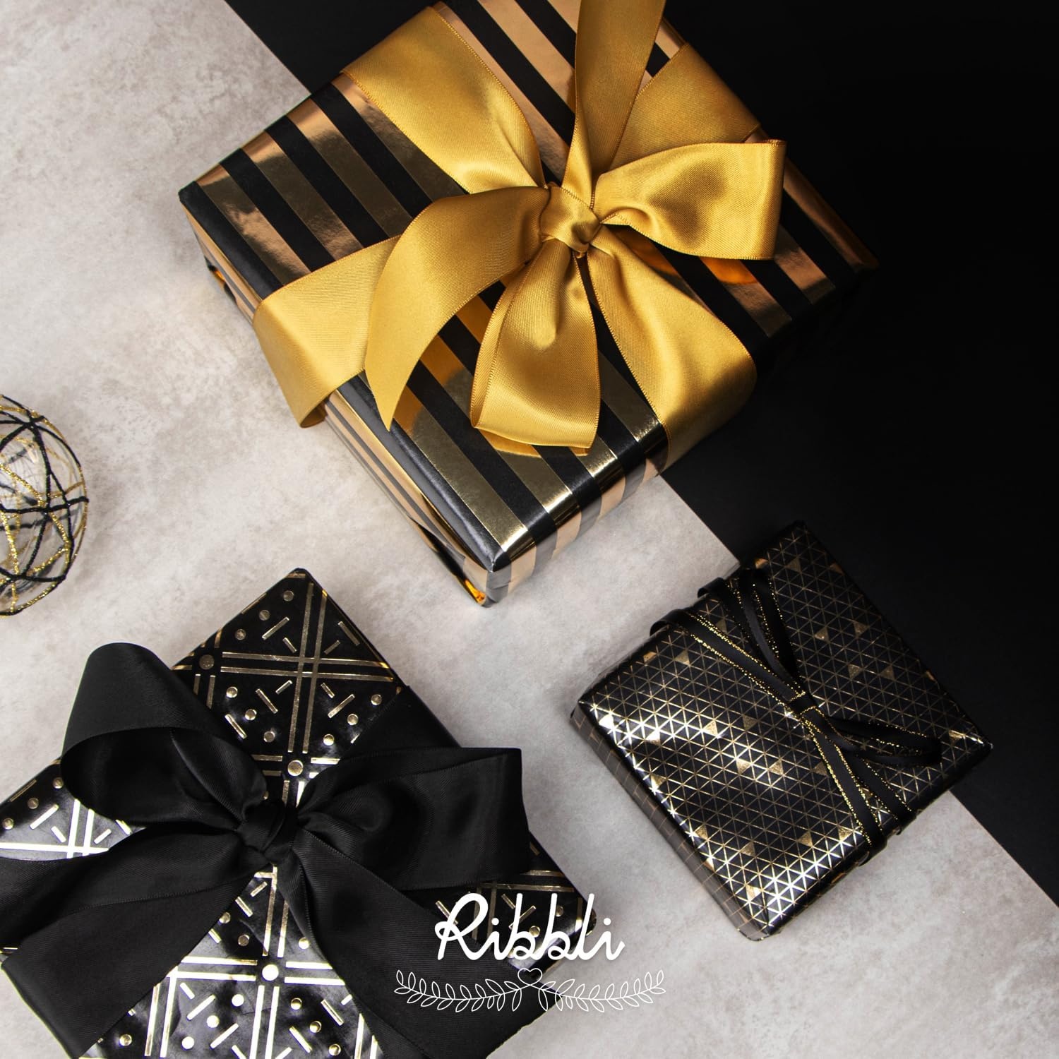 Ribbli Birthday Wrapping Paper Black and Gold Gift Wrapping Paper for Men Fathers Day Husband Boyfriend Mini Roll, 3 Rolls Stripe Geometry Pattern – 17 inch x 120 inch(10feet) Per Roll(Black&Gold A)