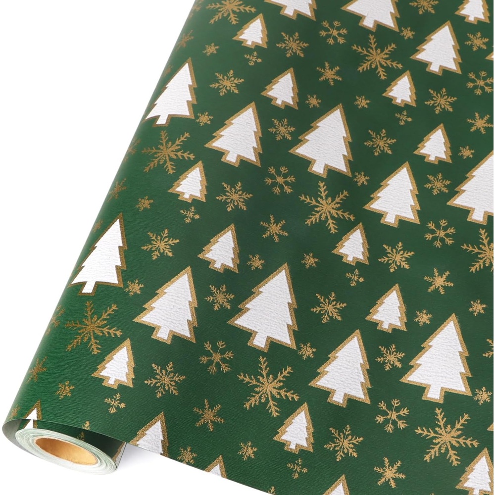 Ribbli Christmas Wrapping Paper Christmas Tree with Gold Foil Brown Kraft Gift Wrapping Paper Rolls-17 Inch x 33 Feet Per roll(Green/White/Gold)